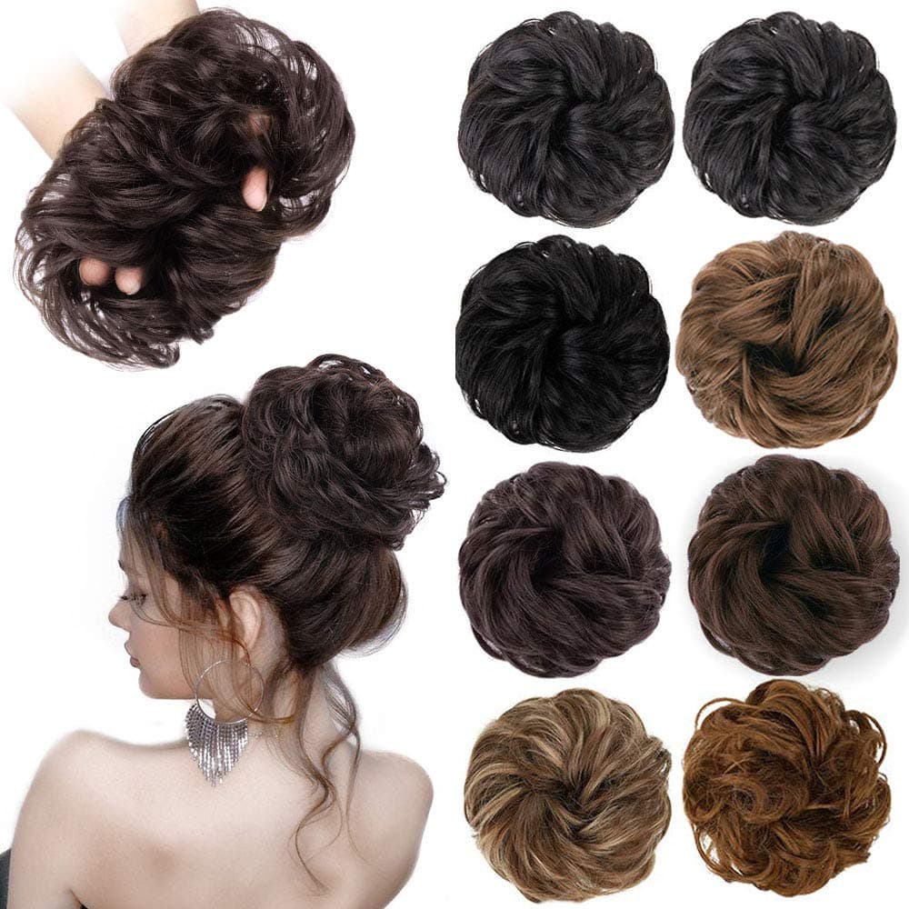 HMD Messy Bun Hair Piece Hair With Elastic Rubber Band Extensions Hairpiece Synthetic Hair Extensions Scrunchies Ponytail Hairpieces for Women(Curly Hair Bun, Dark Brown)