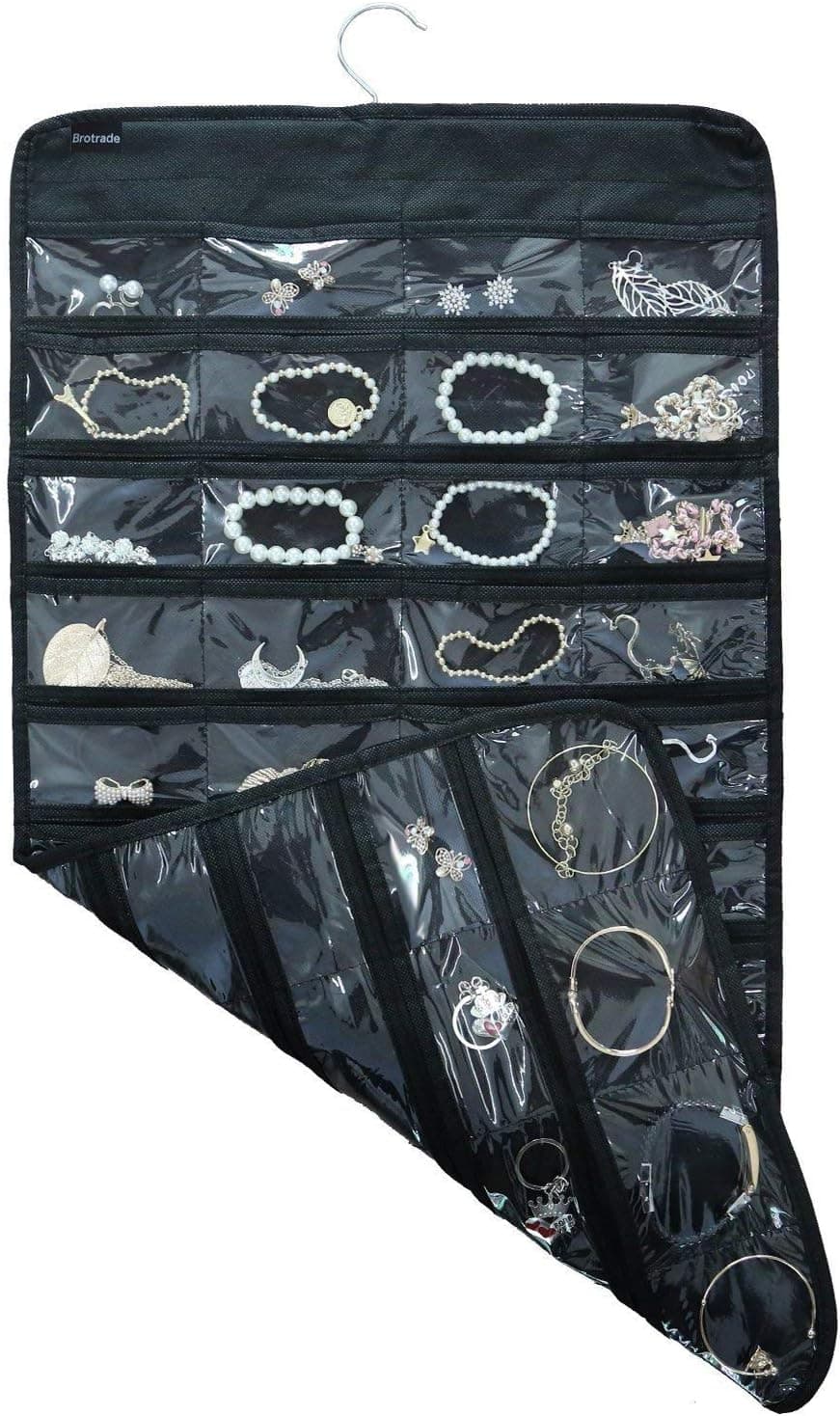TabEnter Double-Sided Jewelry Hanging Organizer Display Hanger Small Tools Holder with 80 Clear Pockets (Black)