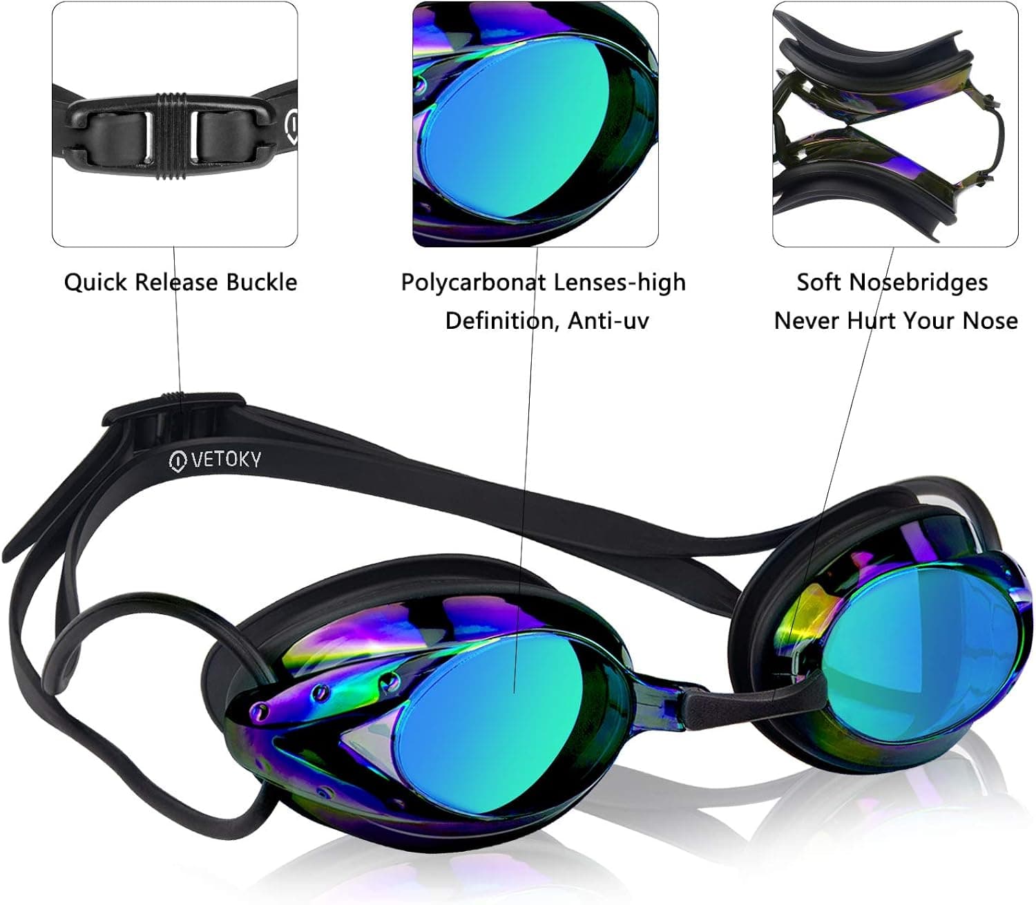 vetoky Swim Goggles, Anti Fog Swimming Goggles UV Protection Mirrored & Clear