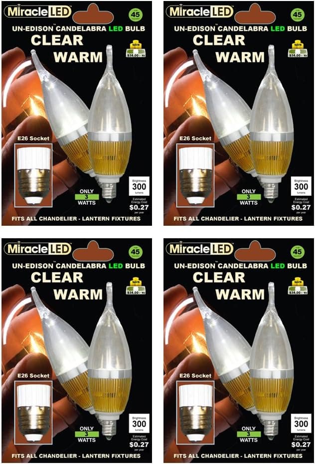 MiracleLED 604510-4 Ultra Saver 3-Watt Candelabra Clear Warm Bulb, 4-Pack