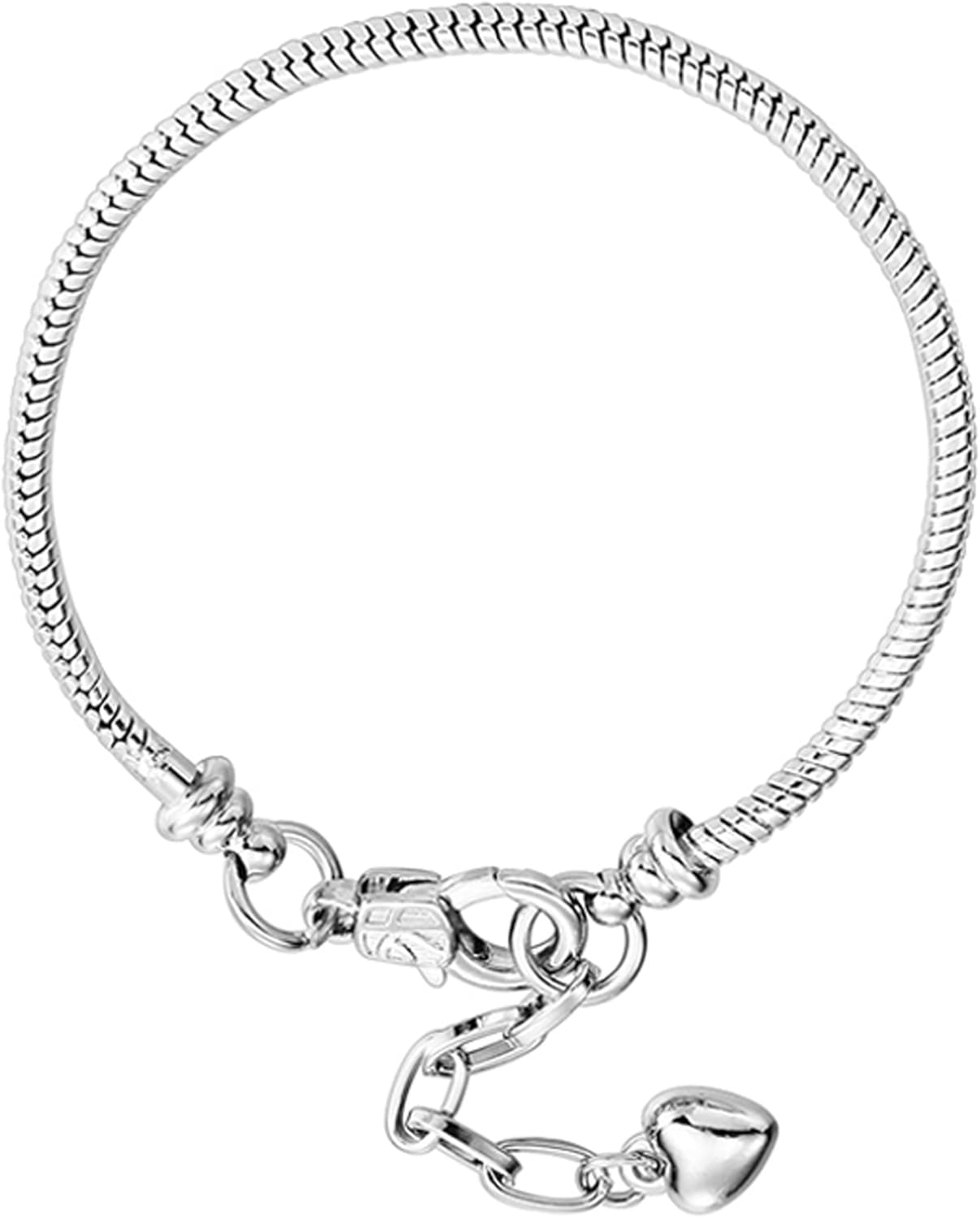 RUBYCA 5pcs White Silver Plated Heart Lobster European Snake Chain Bracelets fit Charm Beads 9"