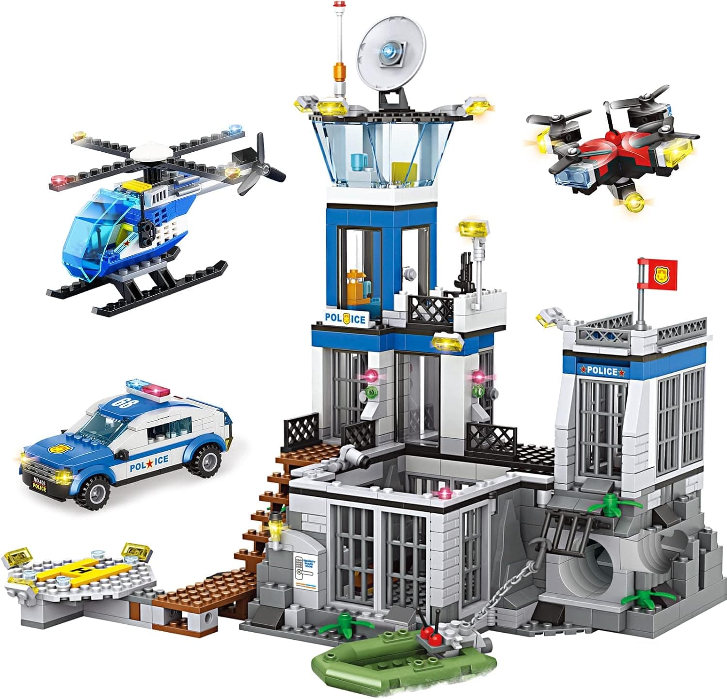 STEM MATCH City Police Station Building Blocks Set 946PCS, Prison Island Building Toy Kit with Police Car Helicopter Boat Drone, Police Chase Game Building Toys Gift for Boys Kids Ages 6 7 8 9 10