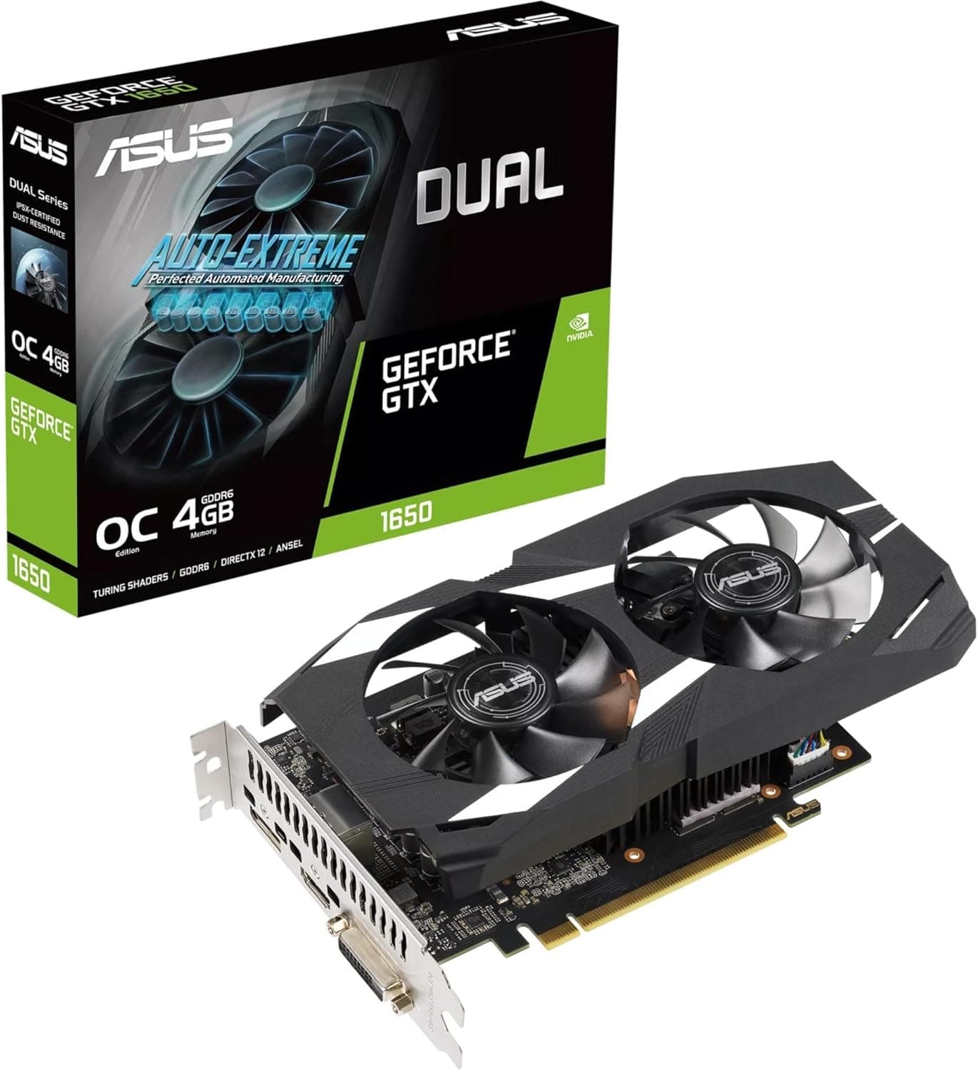 ASUS Dual NVIDIA GeForce GTX 1650 OC Edition Graphics Card (PCIe 3.0, 4GB GDDR6, HDMI 2.0, DisplayPort 1.4a, IP5X Dust Resistance, Auto-Extreme Technology, GPU Tweak II)