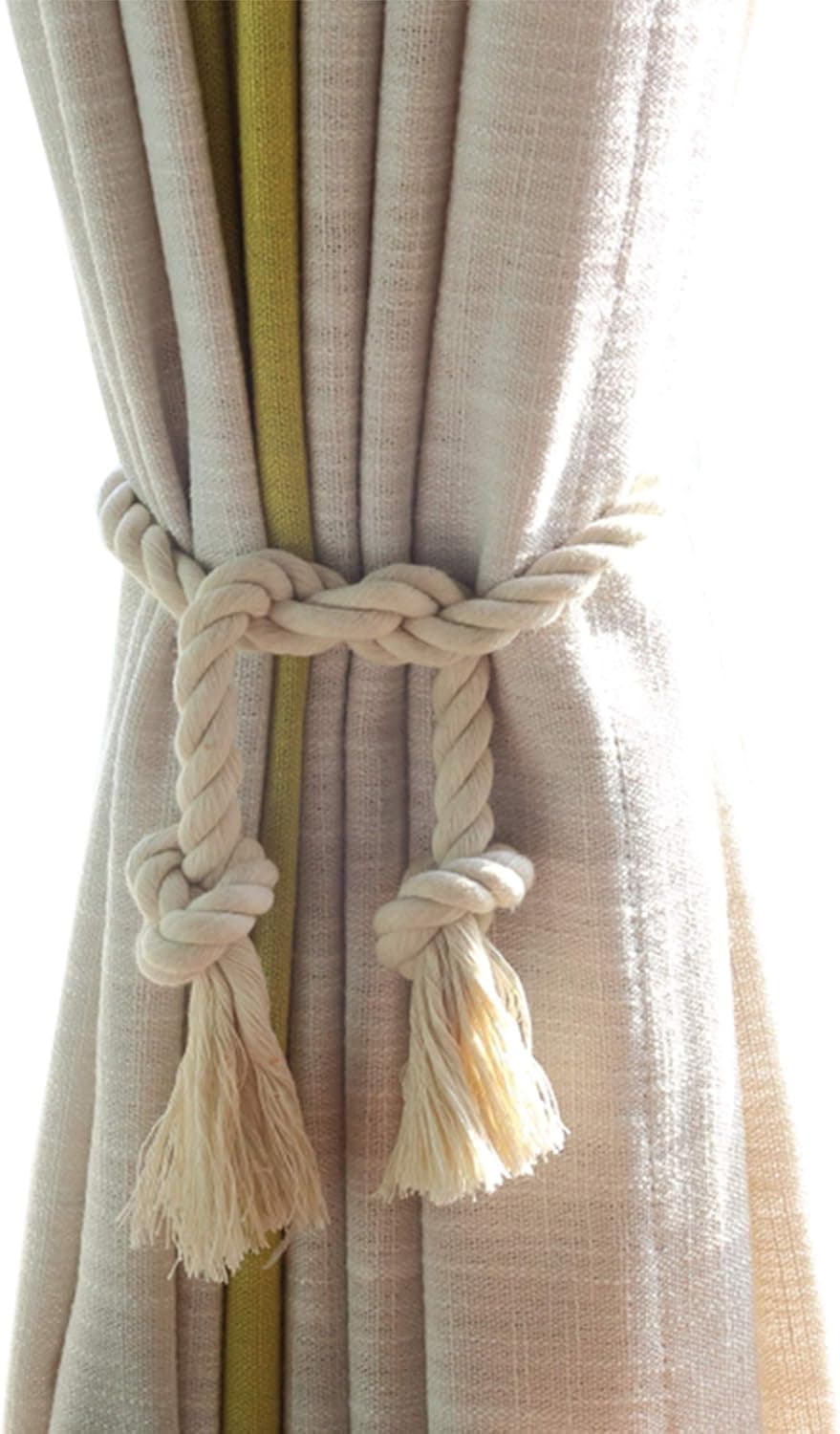 DEZENE Rope Curtain Tiebacks,2 Pack Handmade Natural Cotton Drapery Tie Bakes,Decorative Holdbacks Holders for Window Sheer and Blackout Panels,Beige