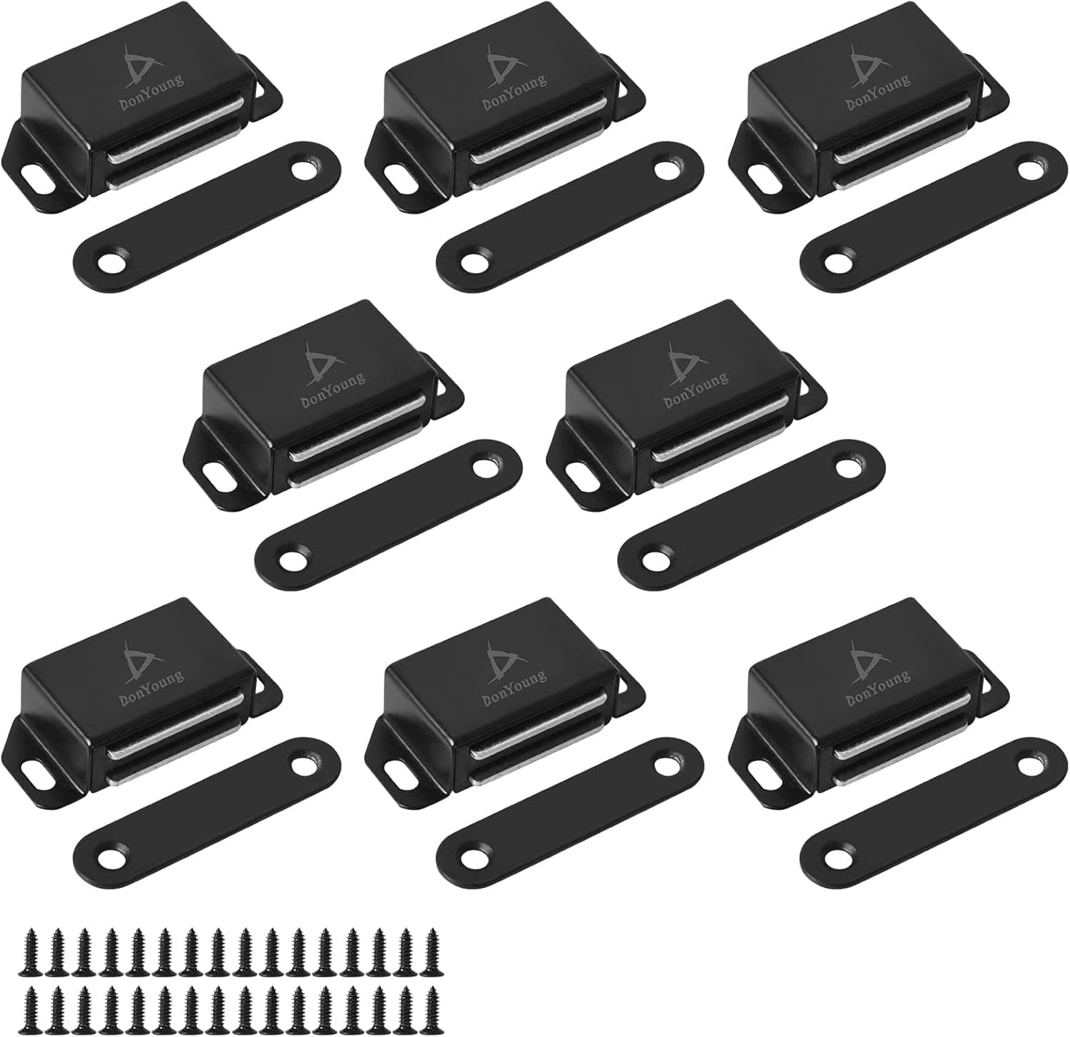 DonYoung Magnetic Cabinet Latch, 20lb Black Magnet Door Catch 8 Pack, Stainless Steel Screws for Solid Surface, Keep Kitchen Bathroom Cupboard Wardrobe Closet Door Drawer Tightly Closed