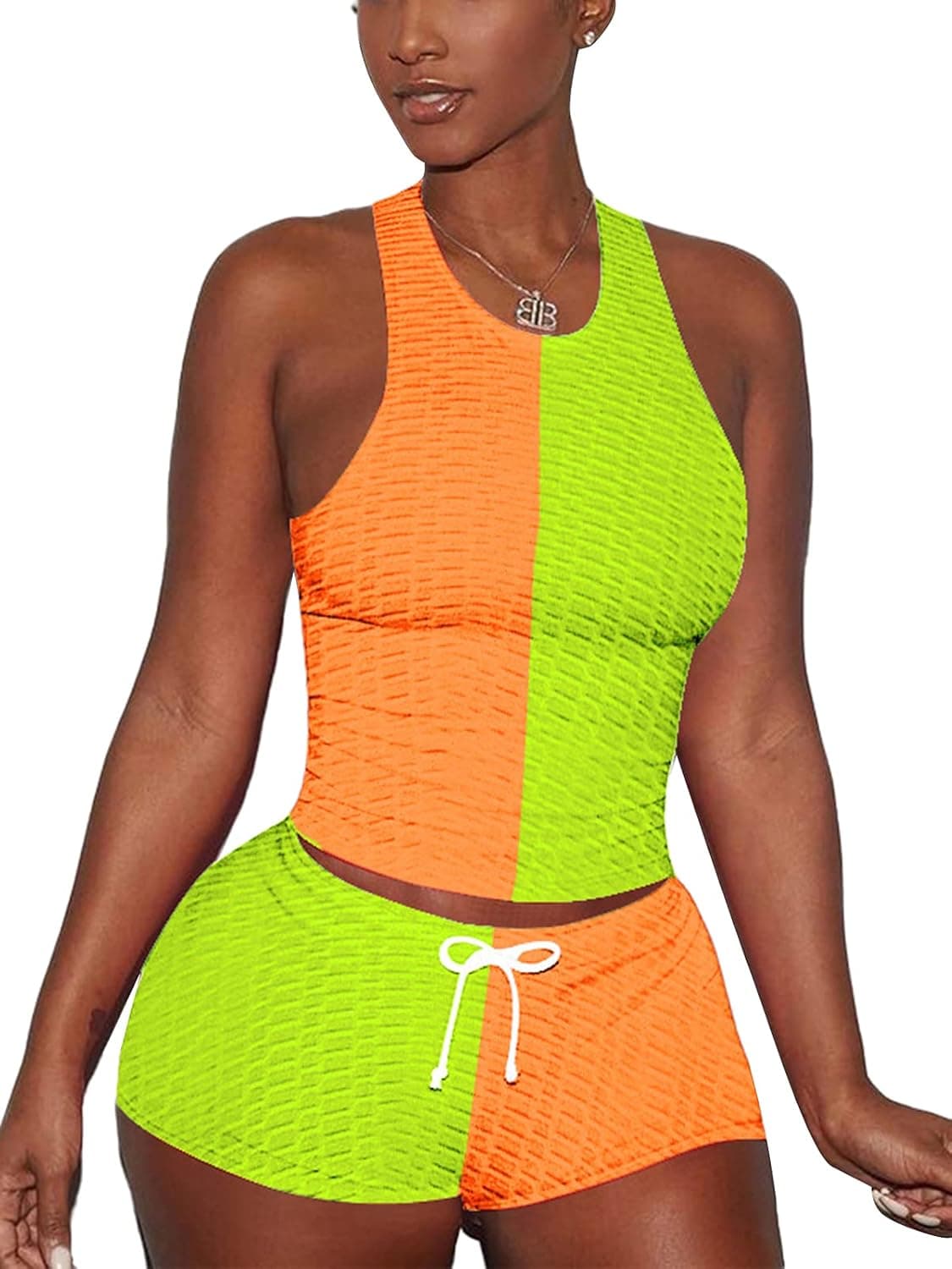 GEMEIQ Women's 2 Piece Outfits Summer Sleeveless Bodycon Tank Crop Biker Shorts Jogging Set Casual Jumpsuit Tracksuit