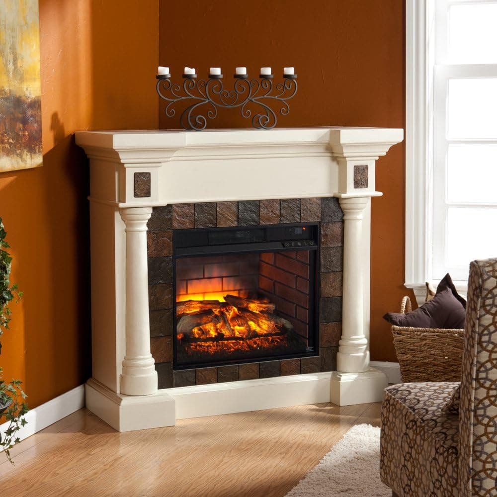 Southern Enterprises Carrington Faux Slate Corner Fireplace in Ivory