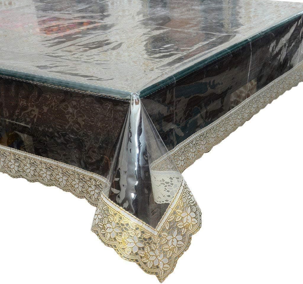 Reusable,Disposable,Easy Clean,Dust Proof, Waterproof,Heat Resistant Stylish Plastic Table Cover, Crystal Clear PVC Genuine Tablecloth Protector (42" x 68" Oval/Oblong, Fabulous Golden Lace)