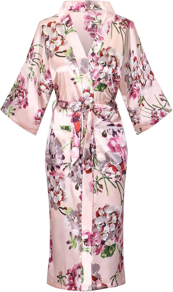 Women's Long Satin Floral Bathrobe Kimono Nightgown Long Dress Gown for Wedding Party