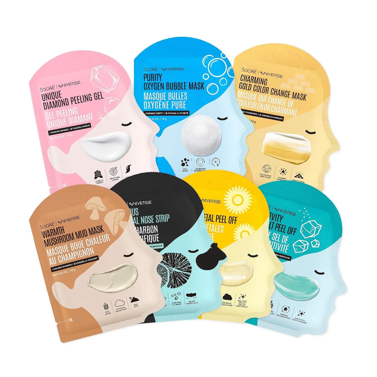 Soo'AE Universe Mask Sets - 7 Mix & Match Masks (2 Peel Off + 1 Bubble Mask + 1 Color Change Mask + 1 Peeling Gel + 1 Mud Mask + 1 Nose Strip)