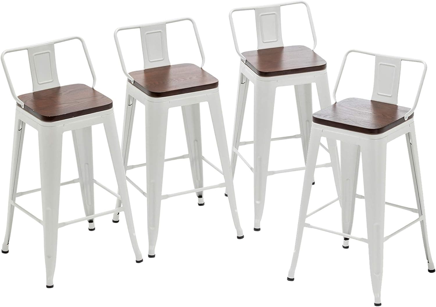 Yongqiang 26“ Metal Bar Stools with Back Set of 4 Kitchen Counter Height Stools with Wooden Seat White