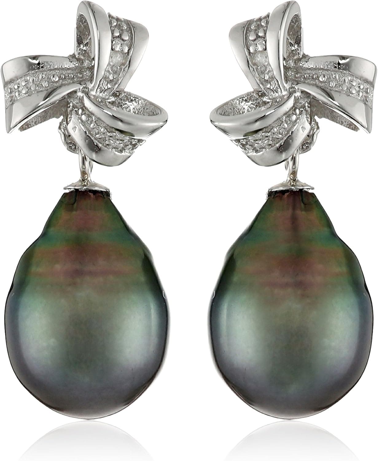 Amazon Collection Sterling Silver 9-9.5mm Tahitian Cultured Black Pearl and Diamond Ribbon Dangle Earrings
