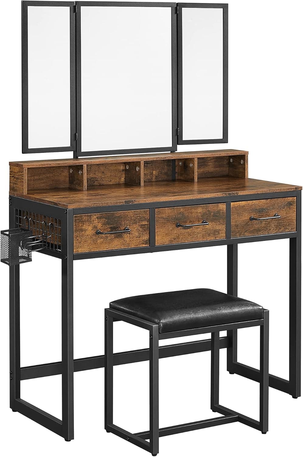 VASAGLE Vanity Table with Upholstered Stool Set, Dressing Table Desk, Makeup Table with Tri-Fold Mirror, 3 Drawers, Hair Dryer Stand, Industrial Style, Rustic Brown and Black URVT004B01