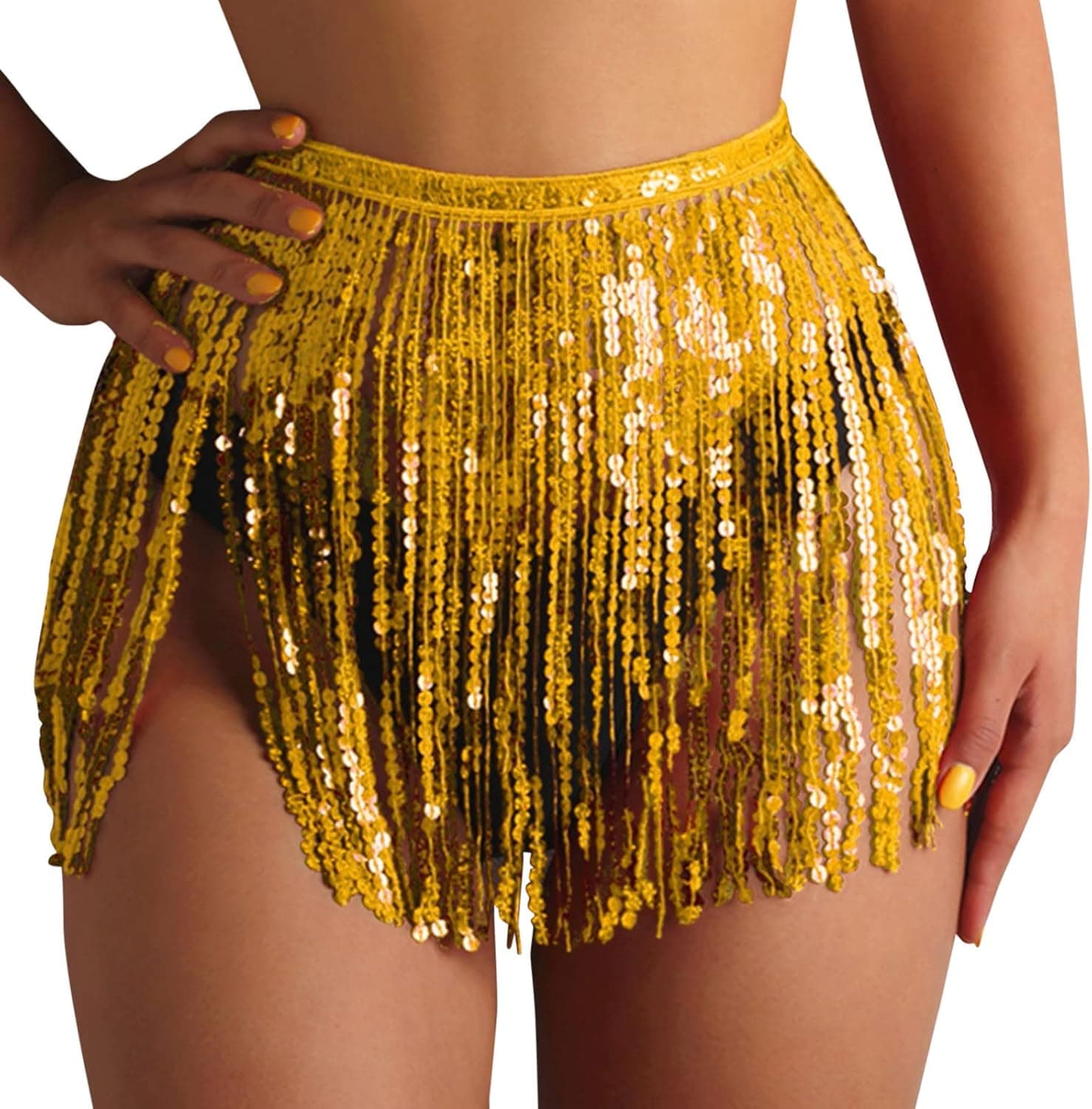 HYWJSZ Women Short Sequin Fringe Cover Up Skirt Beach Wrap Bikini Shiny Wraps Cover Ups for Swimwear Beach Cover up Shirt Gold
