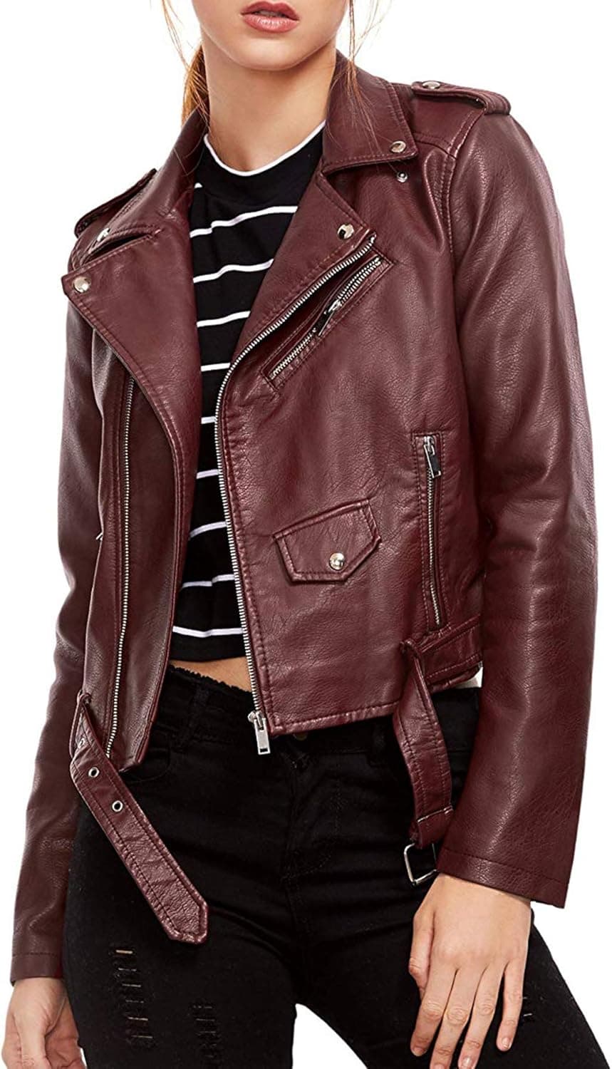 Verdusa Women's Faux Leather Motorcycle Biker Short Coat Slim Zipper Jacket Burgundy M