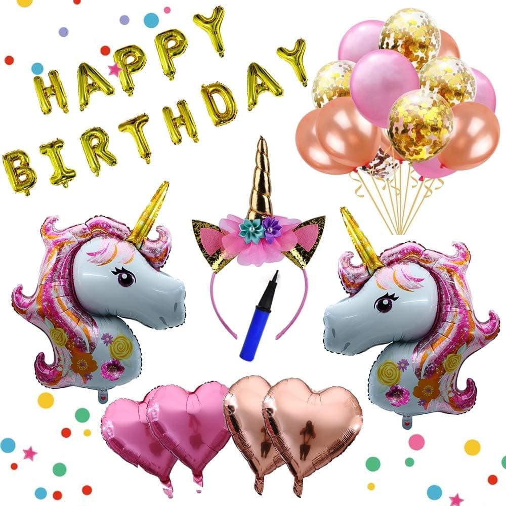 Maple Entp Unicorn Balloons Set - Pink & Rose Gold Unicorn Party Supplies with Golden Confetti, Heart balloons and Unicorn Photo Booth Prop for Magical Birthday Party or Baby Shower