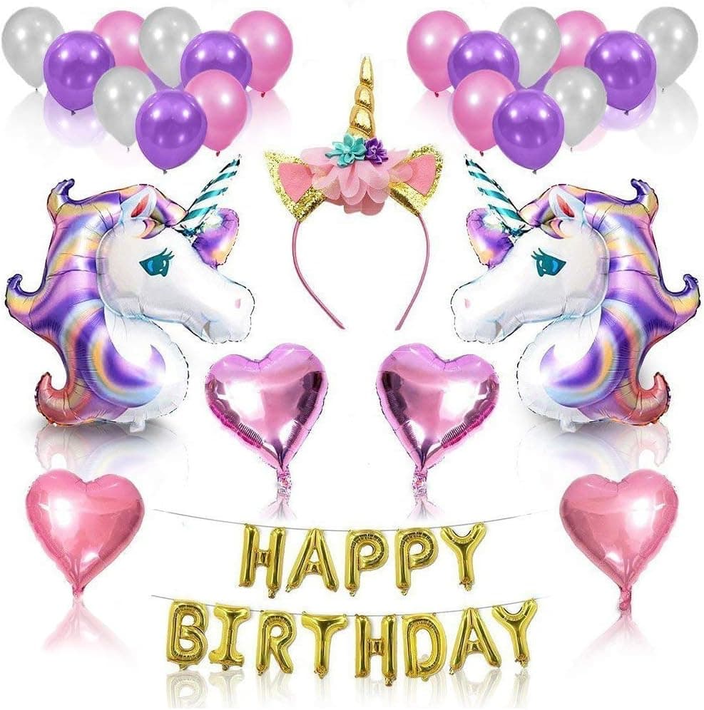 Unicorn Birthday Party decorations,fiesta Party Favors Decor Supplies Set with Glittery Unicorn Headband and Large Magical Unicorn Foil Birthday Banner Balloons
