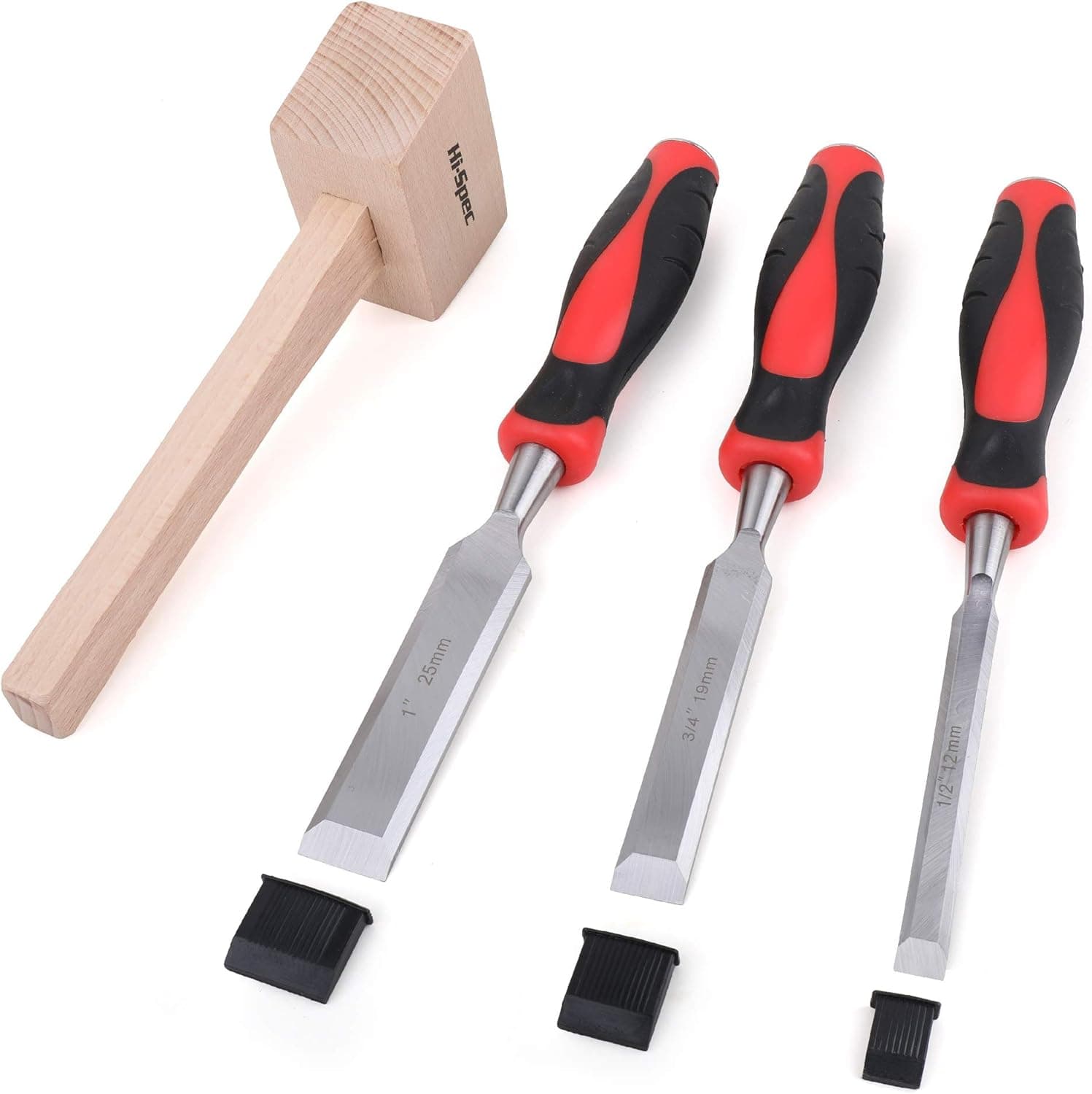 Hi-Spec 4 Piece Mallet & Wood Chisel Set. 1/2", 3/4" & 1" Steel Chisels for Carving Wood, Carpentry, Sculpting, Framing, Woodturning, Furniture, Crafts & Woodwork .
