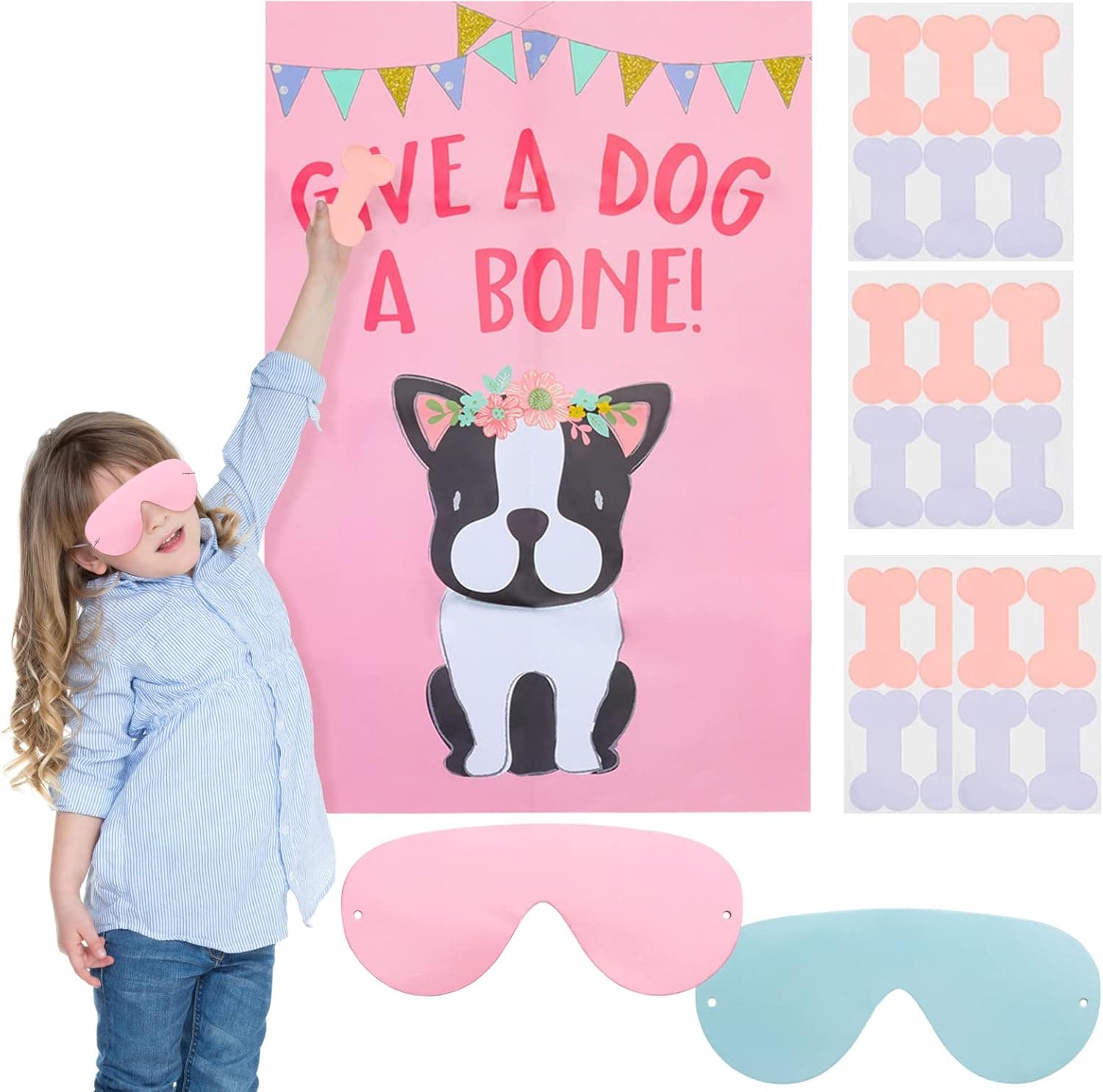 NUOBESTY Pin The Bone On The Dog Party Games Supplies Give A Dog A Bone with Sticker Poster Eye Patch for Animal Theme Christmas Kids Birthday
