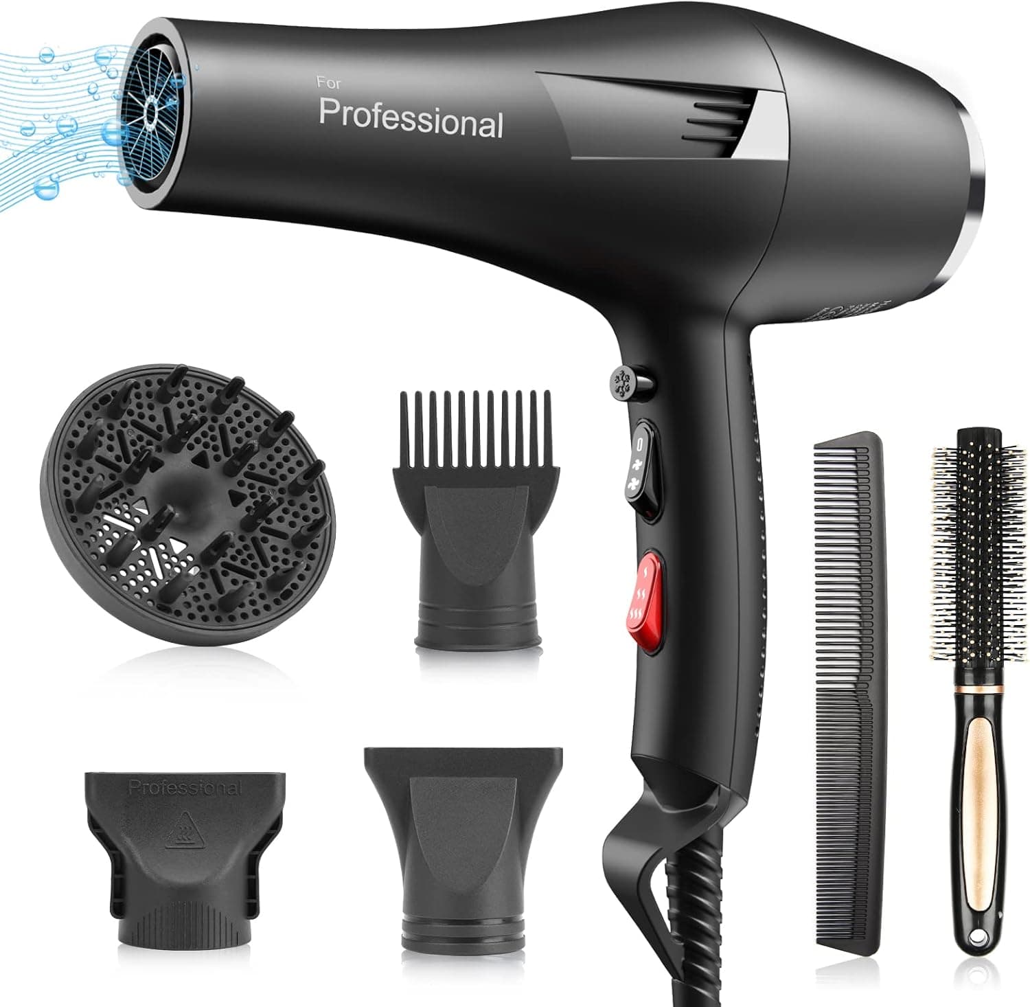 Faszin Ionic Salon Hair Dryer, Professional Blow Dryer 2200W AC Motor Fast Drying with 2 Speed, 3 Heat Setting, Cool Button, with Diffuser, Nozzle, Concentrator Comb for Curly and Straight Hair