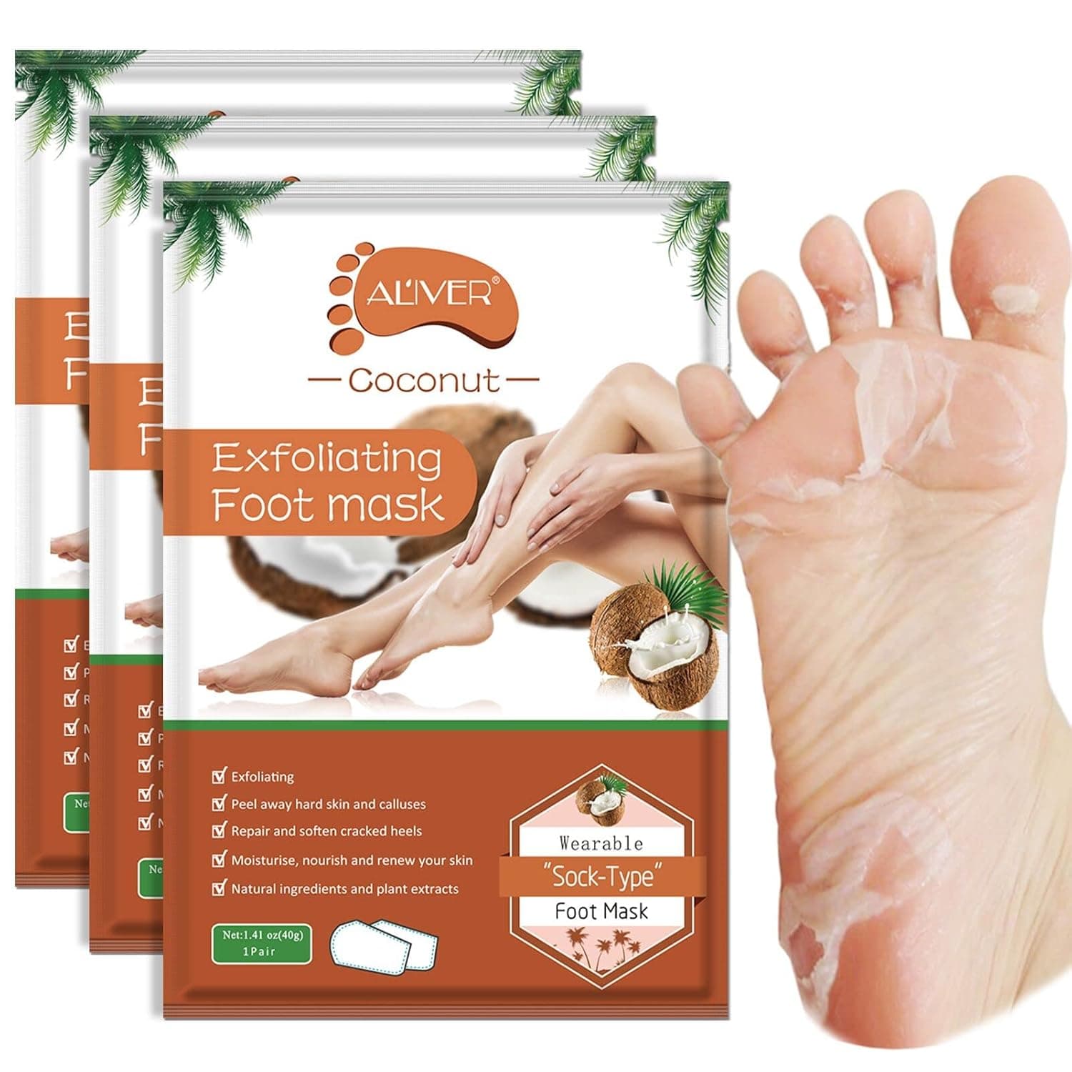 Foot Peel Mask 3 Pack, Exfoliating Peel Off Calluses Dead Skin Remover for Dry Cracked Feet, Baby Soft Smooth Touch Feet for Men Women (Coconut)