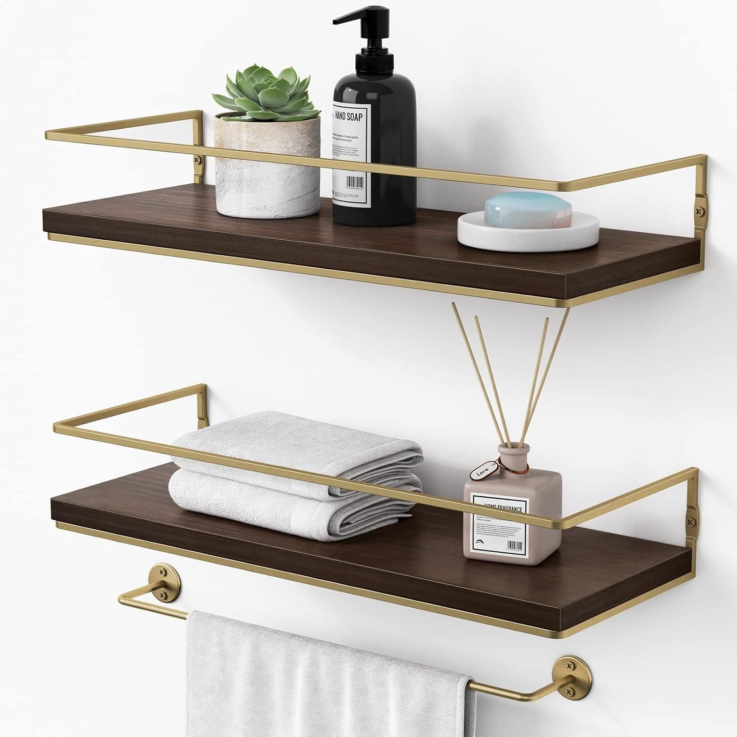 Rustic Brown Floating Shelves for Bathroom with Towel Bar, Farmhouse Bathroom Wall Shelves with Gold Rail for Bedroom Kitchen Entryway Coffee Nook Station Storage, Dark Wood Color, Set of 2