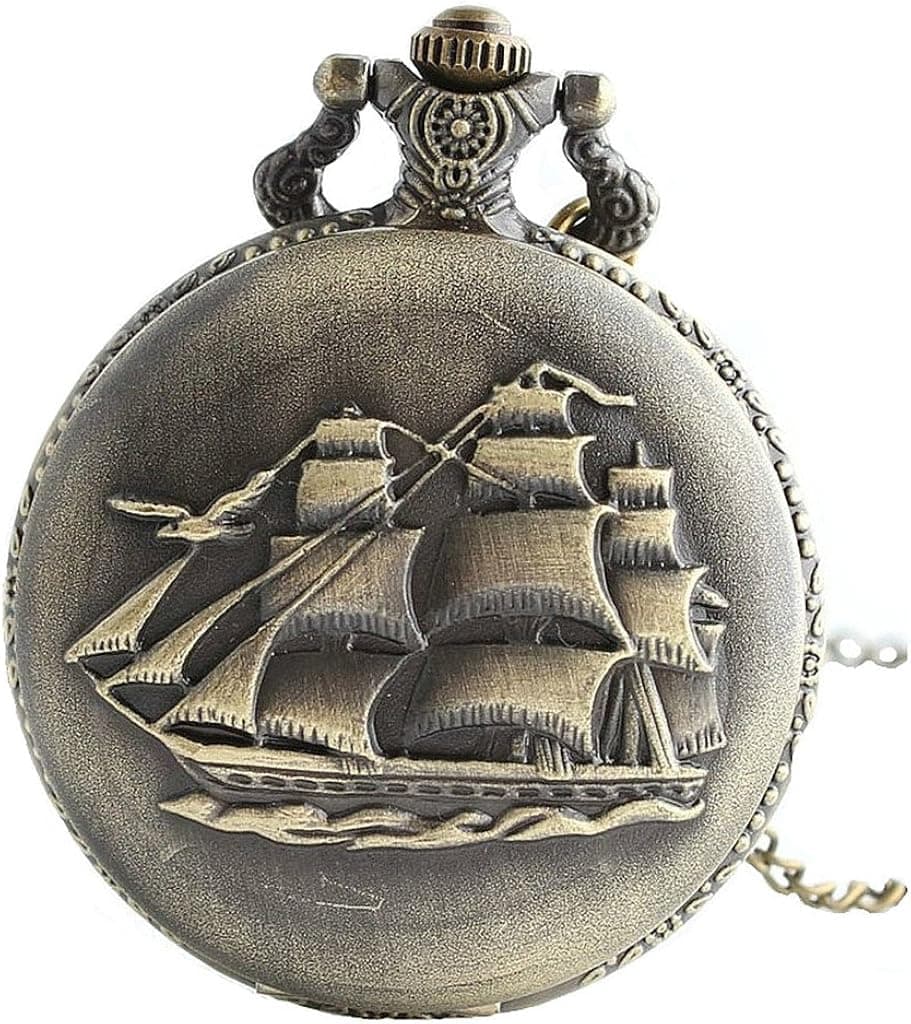 Infinite U Retro Ancient Sailboat/Warships/Pirate Ship Pendant Quartz Pocket Watch Long Necklace with Gift Bag for Men/Women