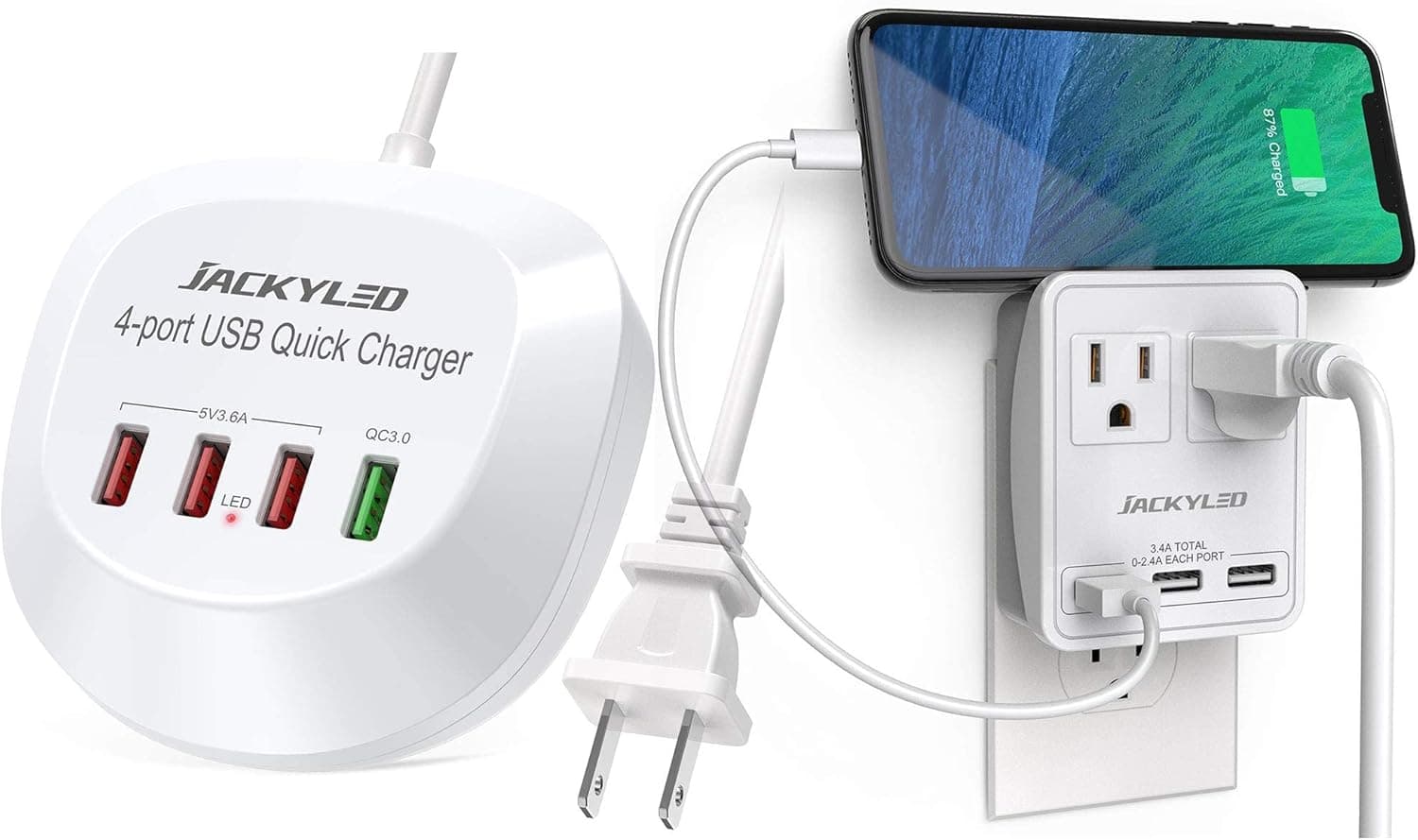 JACKYLED USB Charging Station 4 Ports with QC 3.0 and Wall Charger Outlet Extender 2AC and 3 USB for Home Office Hotel