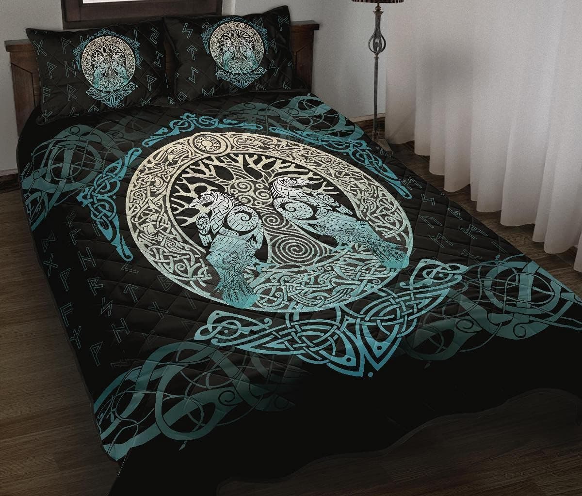 Viking Tree of Life Quilt Bed Set - Raven Pattern Comforter Bedding Gift for Halloween Christmas Super Soft Warm Microfiber (King Size + 2 Pillow Covers), Multicolor