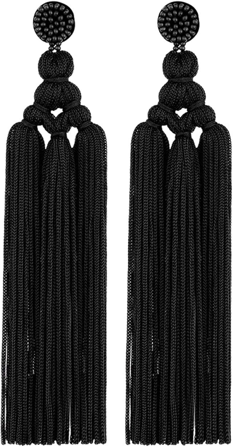 Long Women Tassel Earrings Beaded Big Boho Statement Tassel Layer Dangle Earrings Large Bohemian Thread Fringe Layered Chandelier Drop Earrings Beads Tassel Earrings for Women Girls