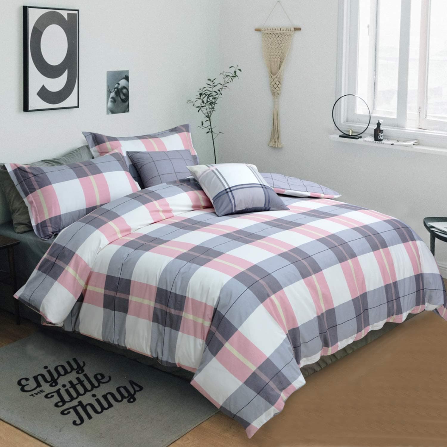 Softta Gray Buffalo Check Bedding Plaid Bedding Set Queen 3 pcs Dark Grey White Pink Grid Bed Cover Geometric Duvet Covers Winter 100% Pure Cotton Hypoallergenic