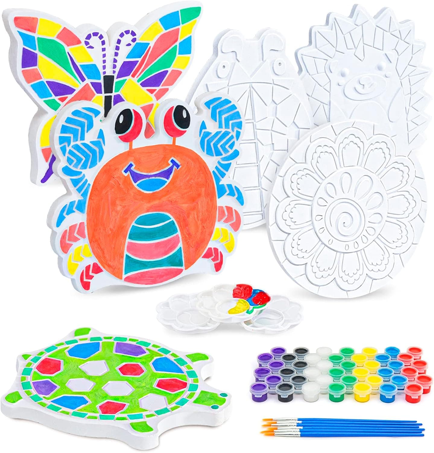 Gr8ware 6 Pack Paint Your Own Stepping on Stones, DIY Kids Craft Kit, Plaster Painting Kit for Kids Ages 6 Craft Kit, Arts and Crafts for Kids Gift (6 Stones, Paint, Brushes and 3 Plattte)