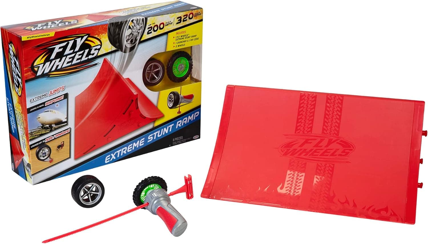 Fly Wheels Ramp with Launcher + 2 Wheels - Rip it up to 200 Scale MPH, Fast Speed, Amazing Stunts & Jumps up to 30 feet! All Terrain Action: Dirt, Mud, Water, Snow- One of The Hottest Wheels Around!