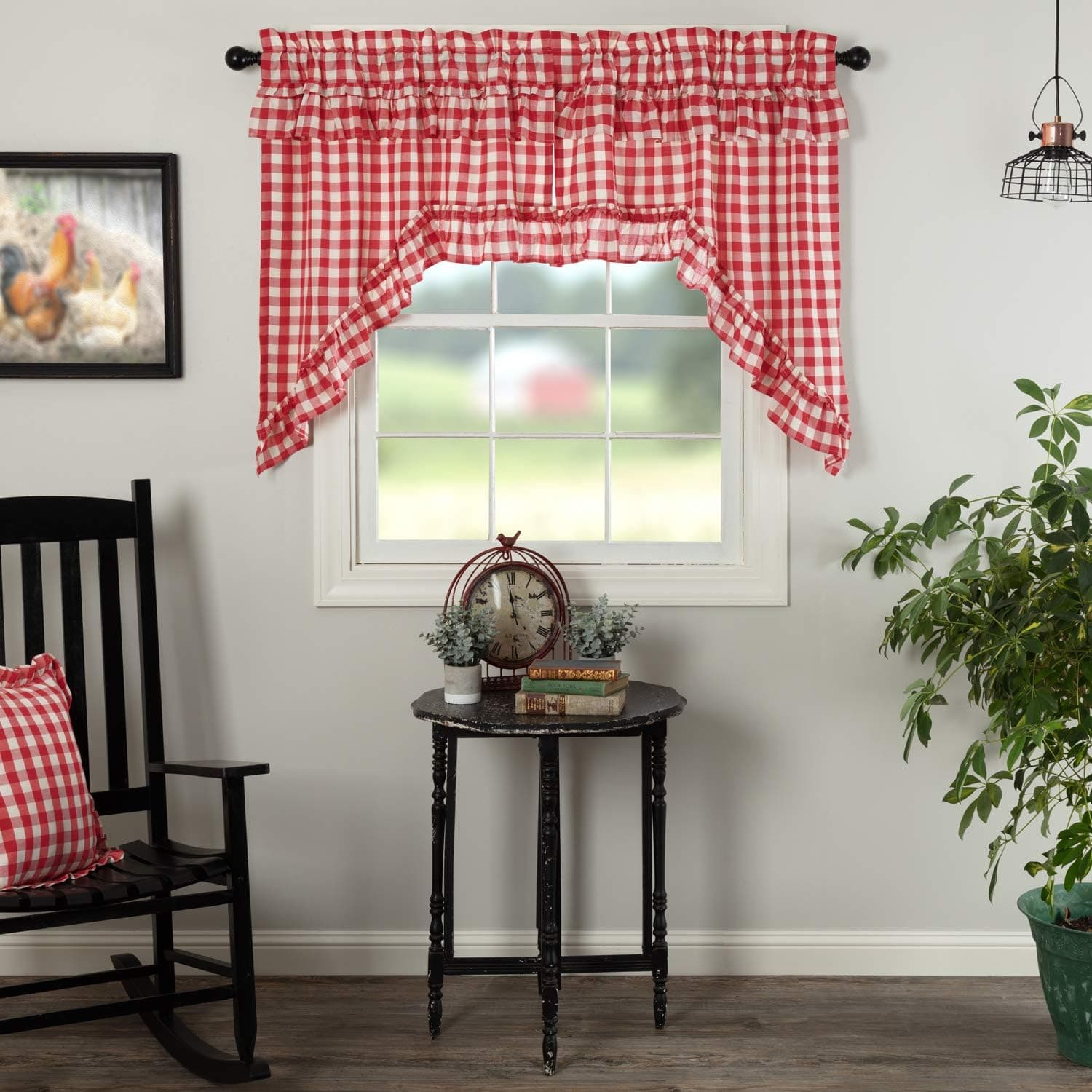 VHC Brands Annie Buffalo Check Cotton Farmhouse Kitchen Curtains Rod Pocket Hanging Loops Ruffling Swag Pair, Red Country