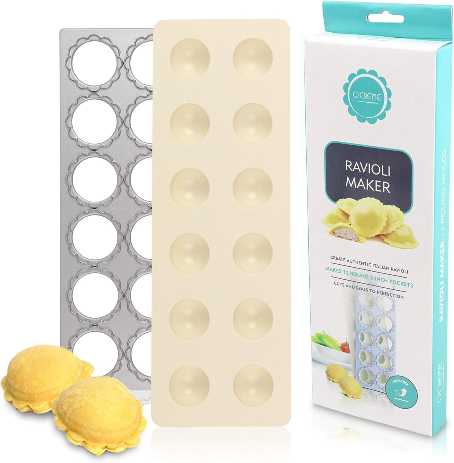 O’Creme Ravioli Maker for 12 Circles Each 1-7/8 Inch (Including Edges), with Non-Stick-Coated Metal Cutting Tray