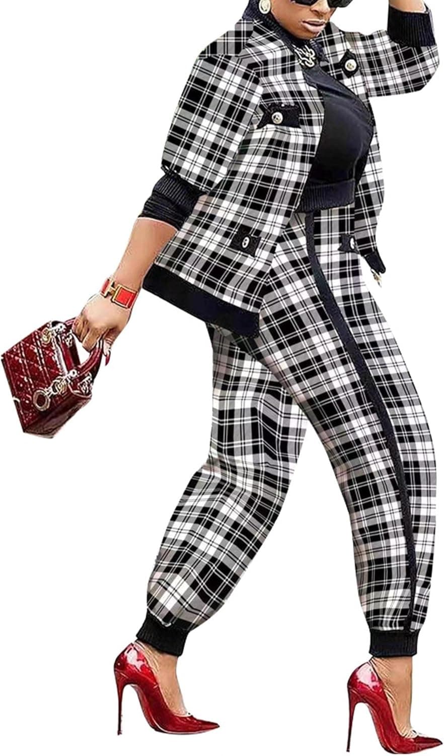 SOMTHRON Women’s Houndstooth Print 2 Piece Outfit Zip Up Long Sleeve Jacket Long Pants Set Work Suits Tracksuit