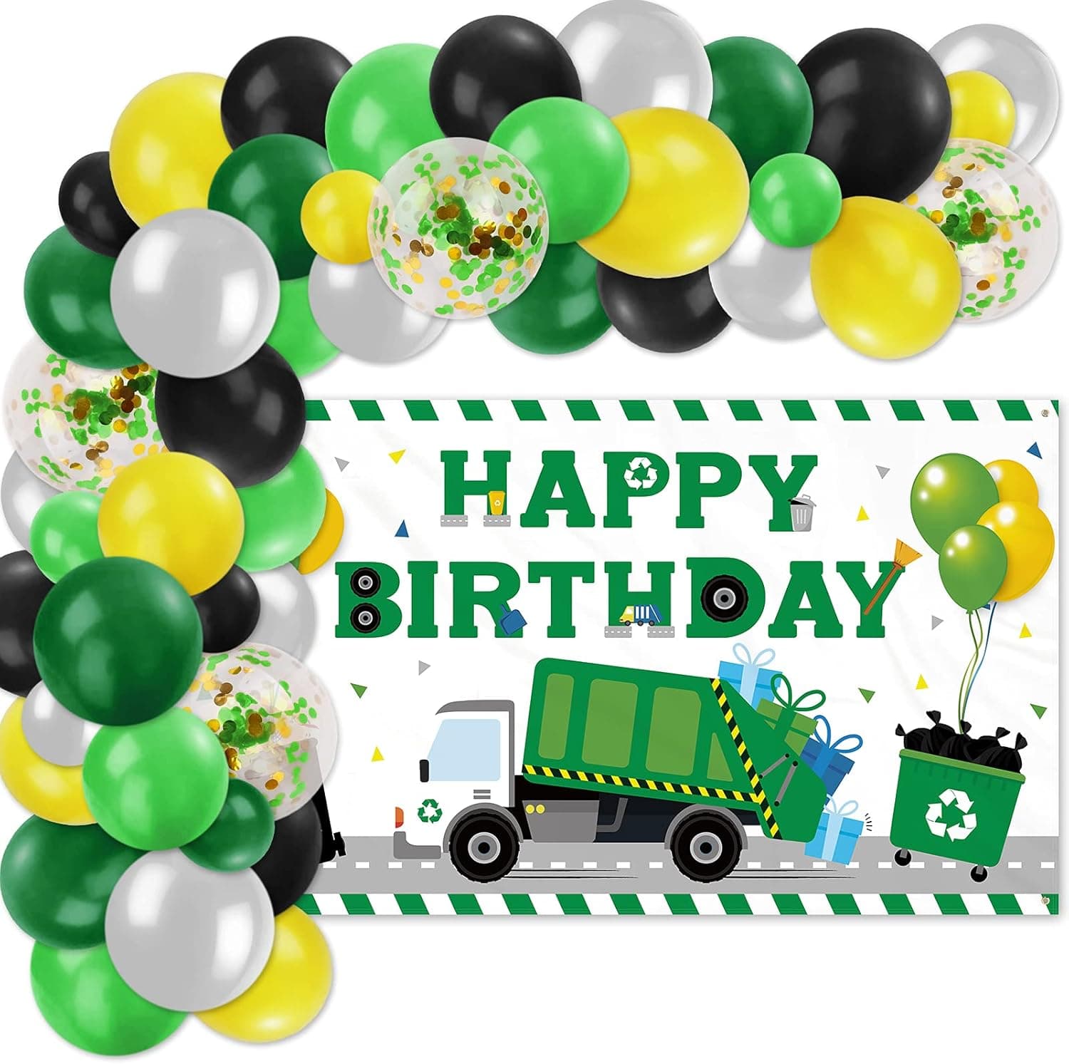 Vansolinne 77PCS Garbage Truck Birthday Decorations Kit Trash Can Waste Recycling Management Happy Birthday Backdrop Banner & Balloon Garland Trash Truck Birthday Party Supplies Background Photo Props