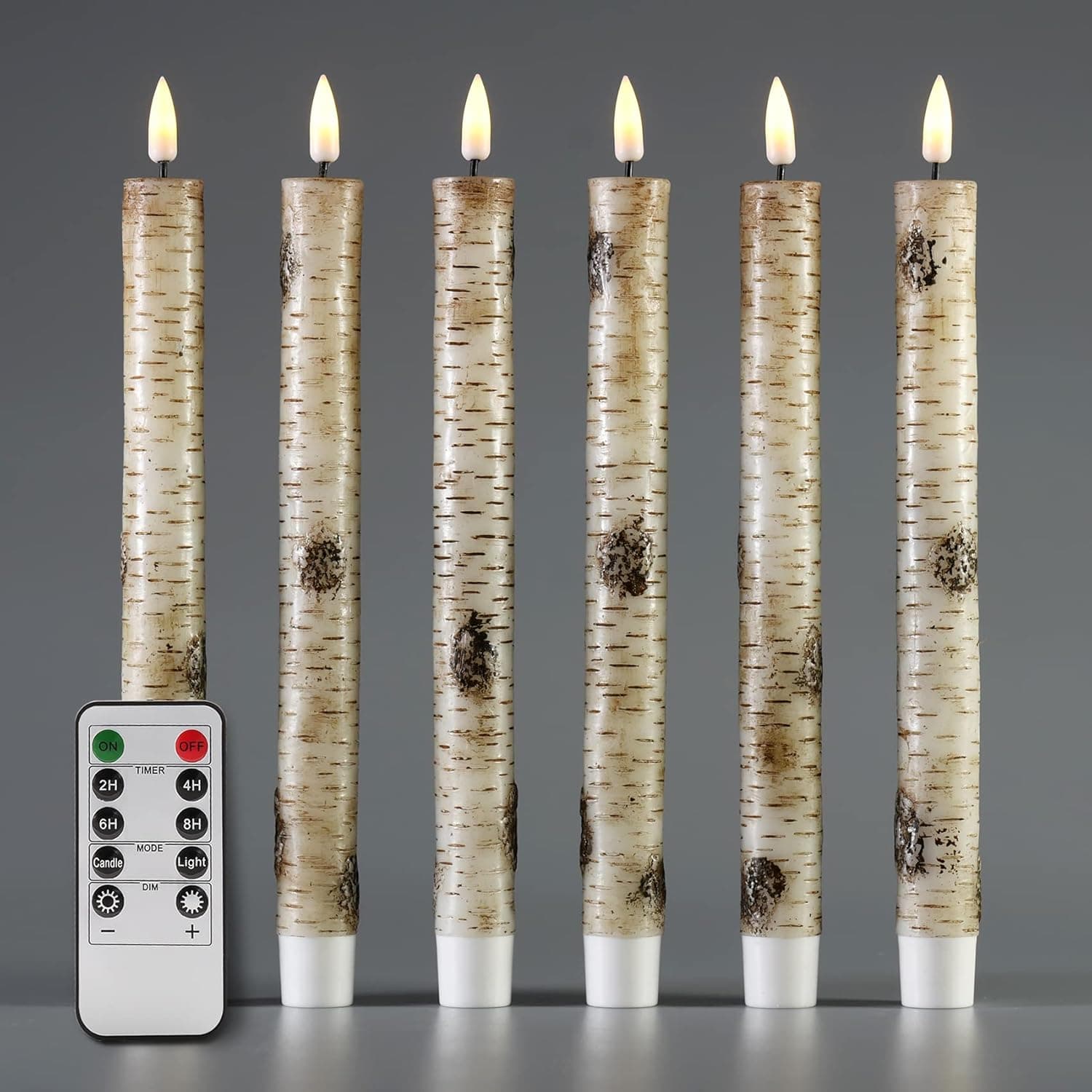 Eywamage Birch Bark Flameless LED Taper Candles with Remote, Flickering Real Wax Battery Operated Candles Sticks Set of 6