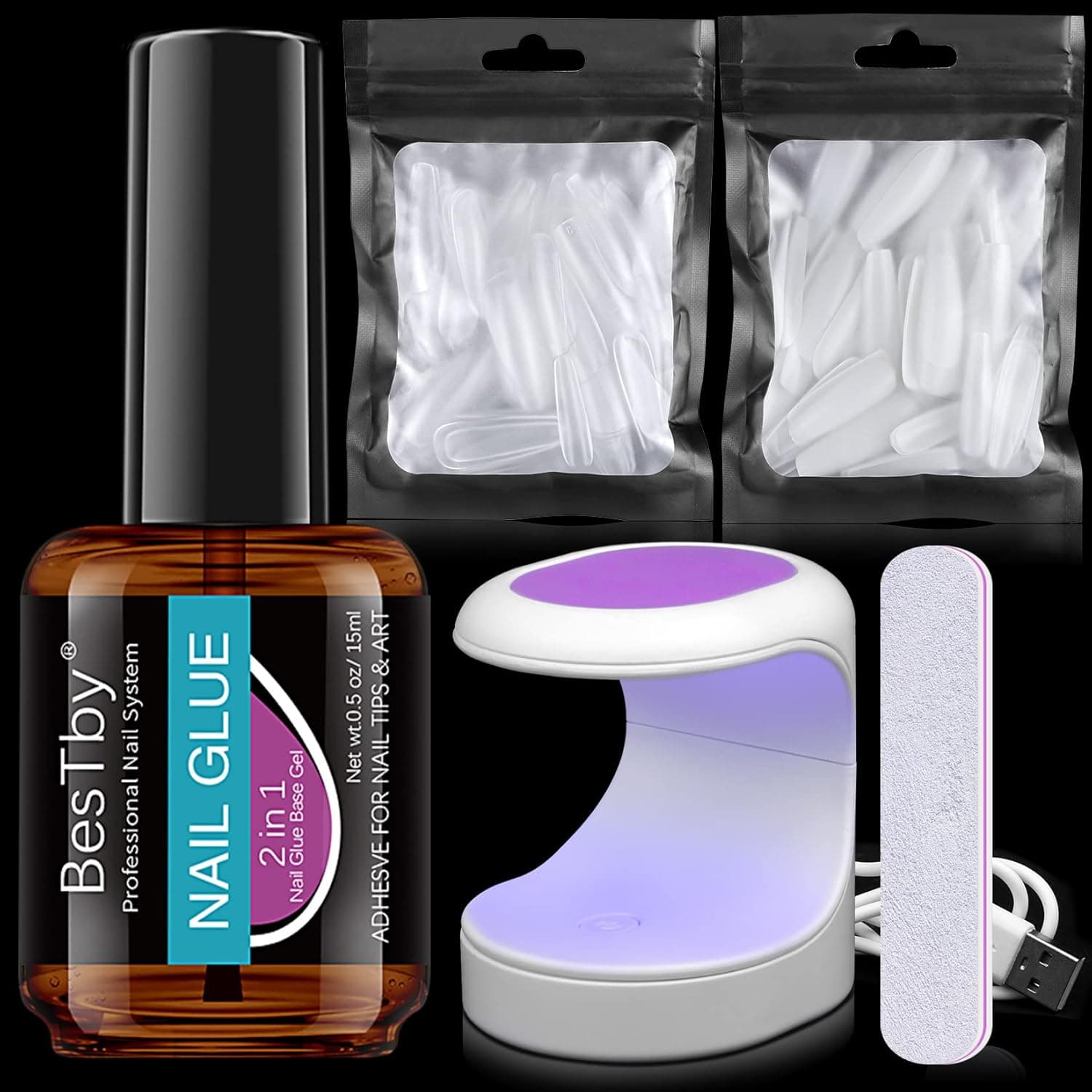 BesTby Nail Tips and Glue Gel Kit - 0.5 oz Nail Glue and Base Gel Adhesive Super Bond for Nail Tips, Coffin False Nails with LED Nail Lamp Press On Nails for Nail Extension DIY Nail Art