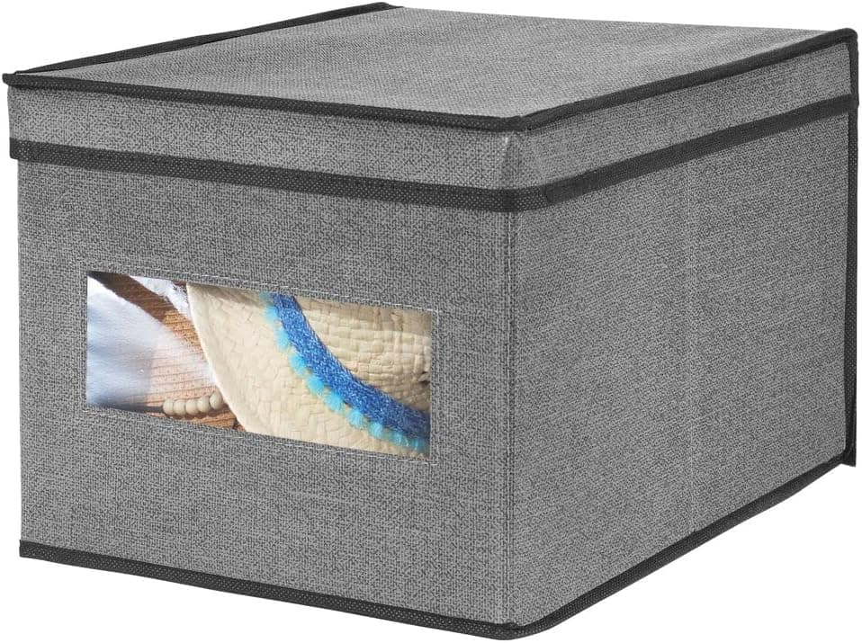 mDesign Large Fabric Stackable Closet Storage Organizer Box with Front Window/Lid for Bedroom, Office, Mudroom Organization, Hold Clothes, Blankets, Linens, Lido Collection, Dark Gray/Black