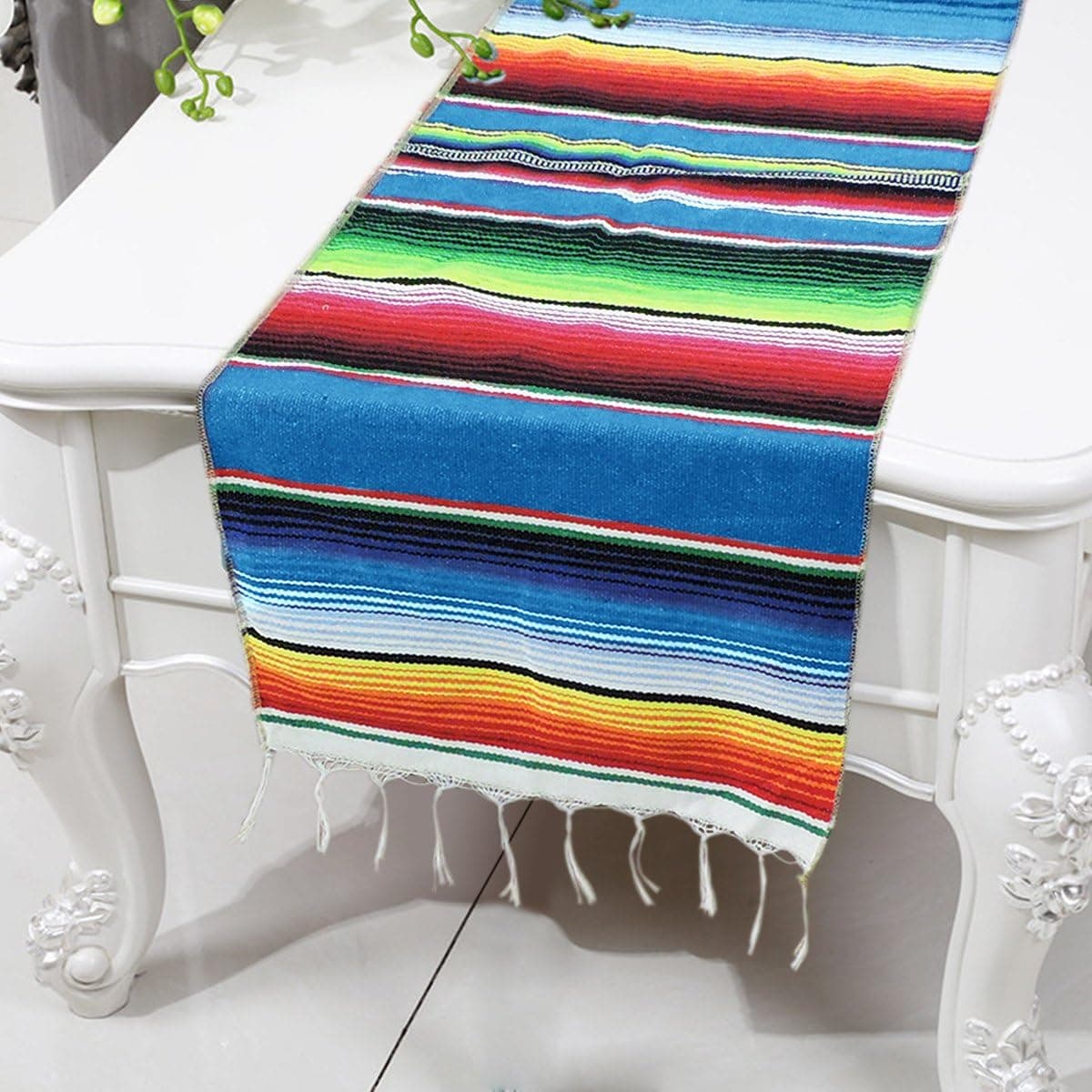 Smurfs Yingda Mexican Serape Table Runner Fringe Cotton Table Runner (Pack of 1, Blue)