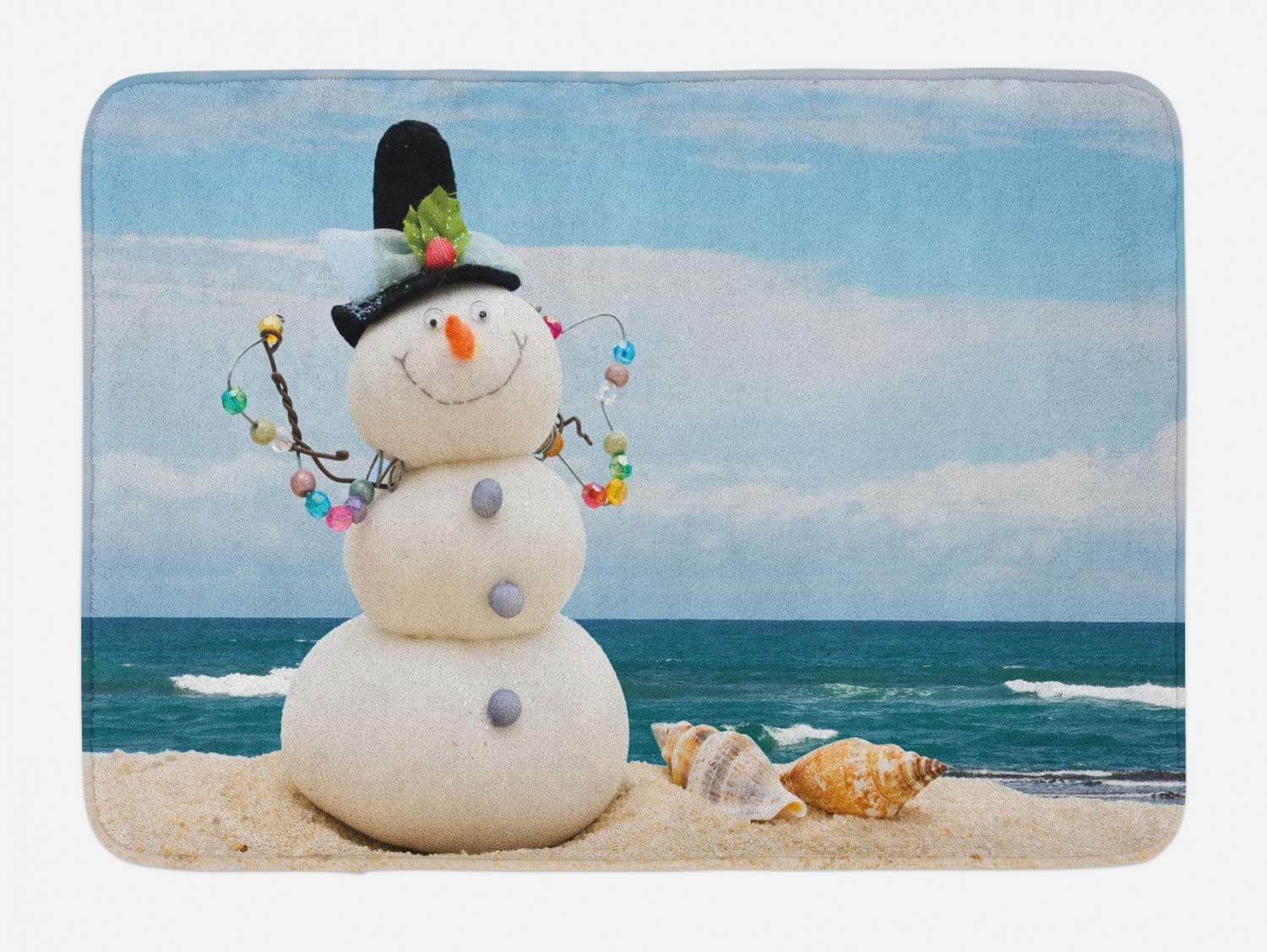 Ambesonne Snowman Bath Mat, Winter Vacation Holiday Theme Snowman with Seashells Sitting on Sandy Beach Coastal, Plush Bathroom Decor Mat with Non Slip Backing, 29.5" X 17.5", Blue Sand