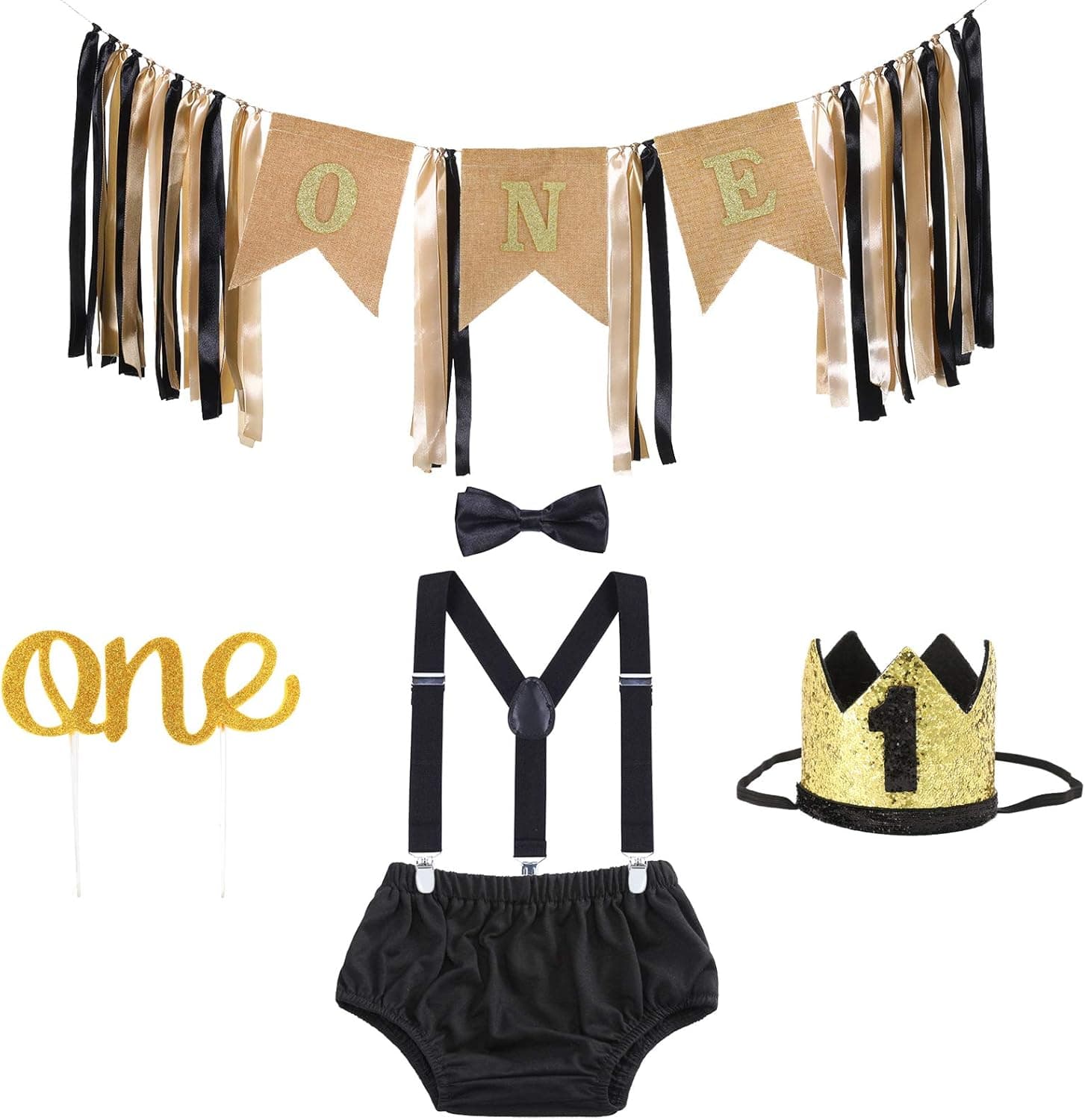 Boy Cake Smash Outfit - 1st Birthday Decorations Smash Cake Outfit and Suspenders, Birthday Banner, Crown, Cake Toppers Party (Black)