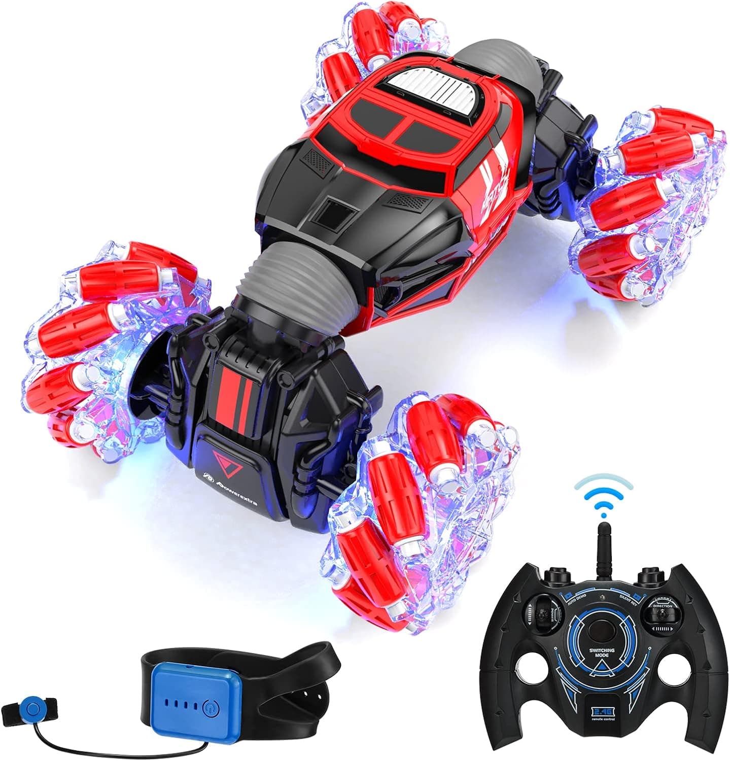 Powerextra Remote Control Car, 4WD 2.4GHz Rc Stunt Car, Watch Gesture Sensor Car, Double Sided Rotating Off Road Vehicle 360° Flips with 2 Batteries, Toy Cars for Boys & Girls Birthday - Red