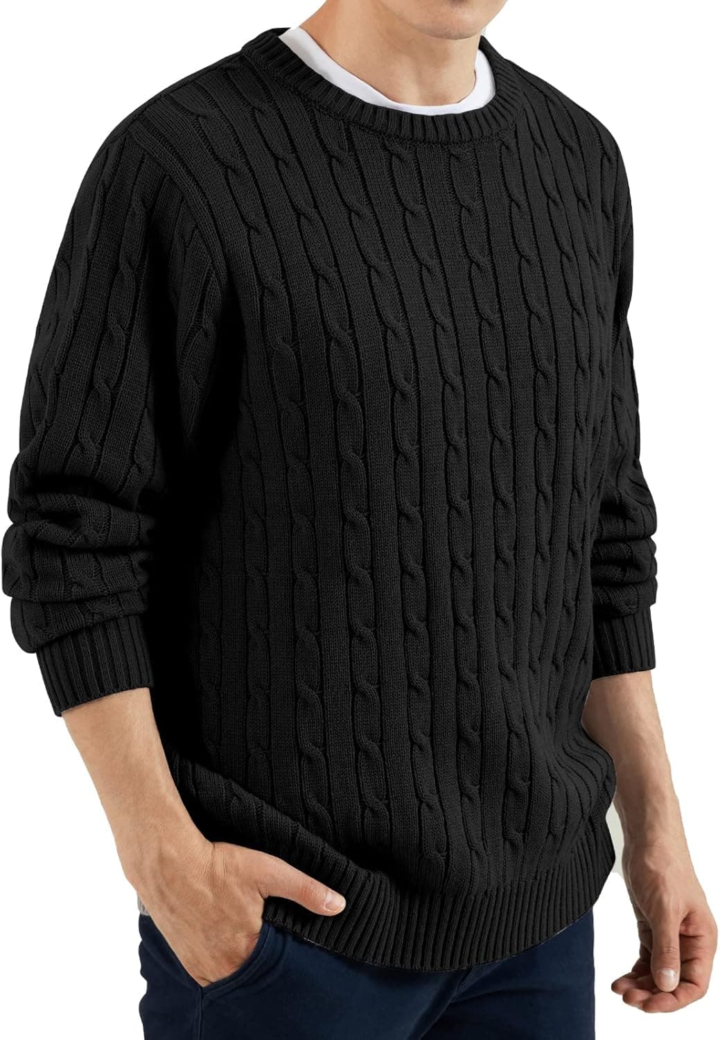 QUALFORT Men's Cable Sweaters Crewneck Pullover Sweater Long Sleeve Casual Tops