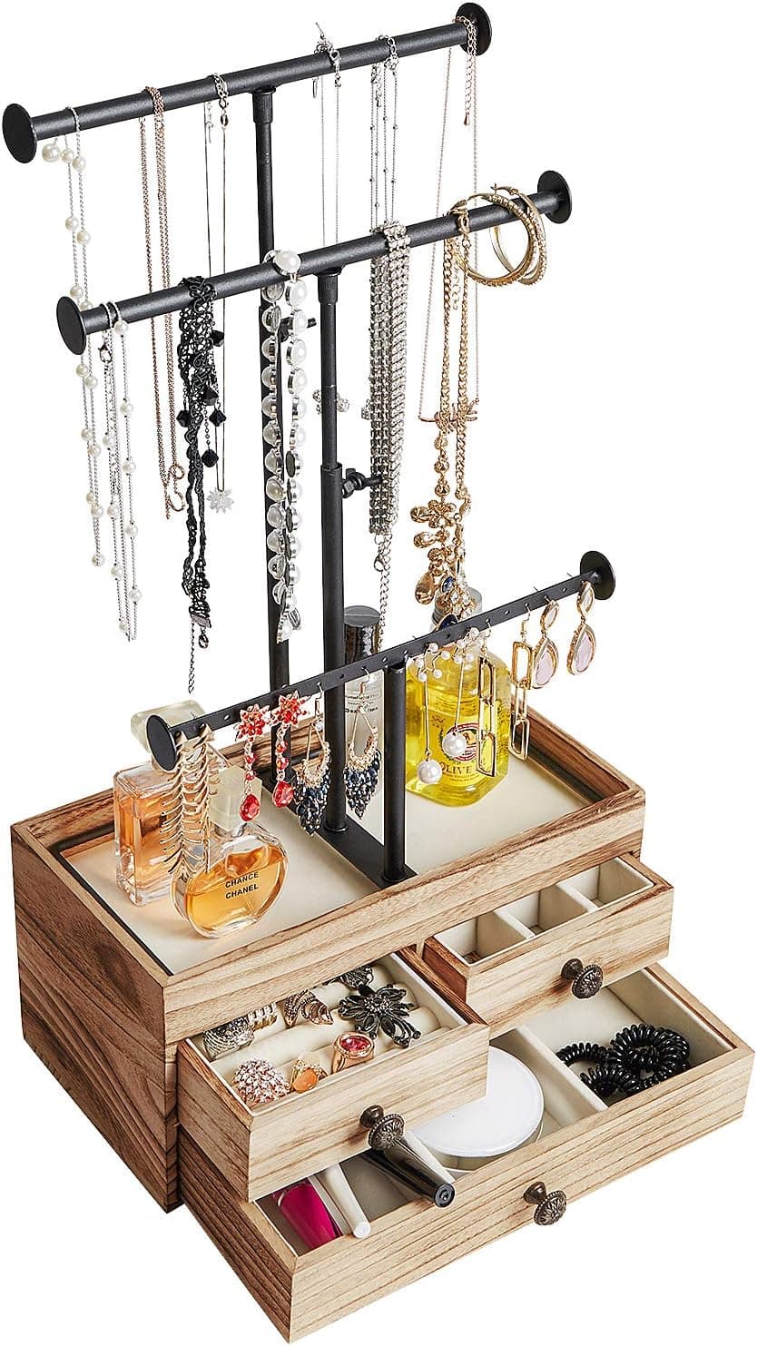 TWING Jewelry Tree Stand Organizer 3 Tier Metal Adjustable Jewelry Holder Stand with Wood Basic Storage Box for Necklaces Earrings Bracelets and Rings Carbonized