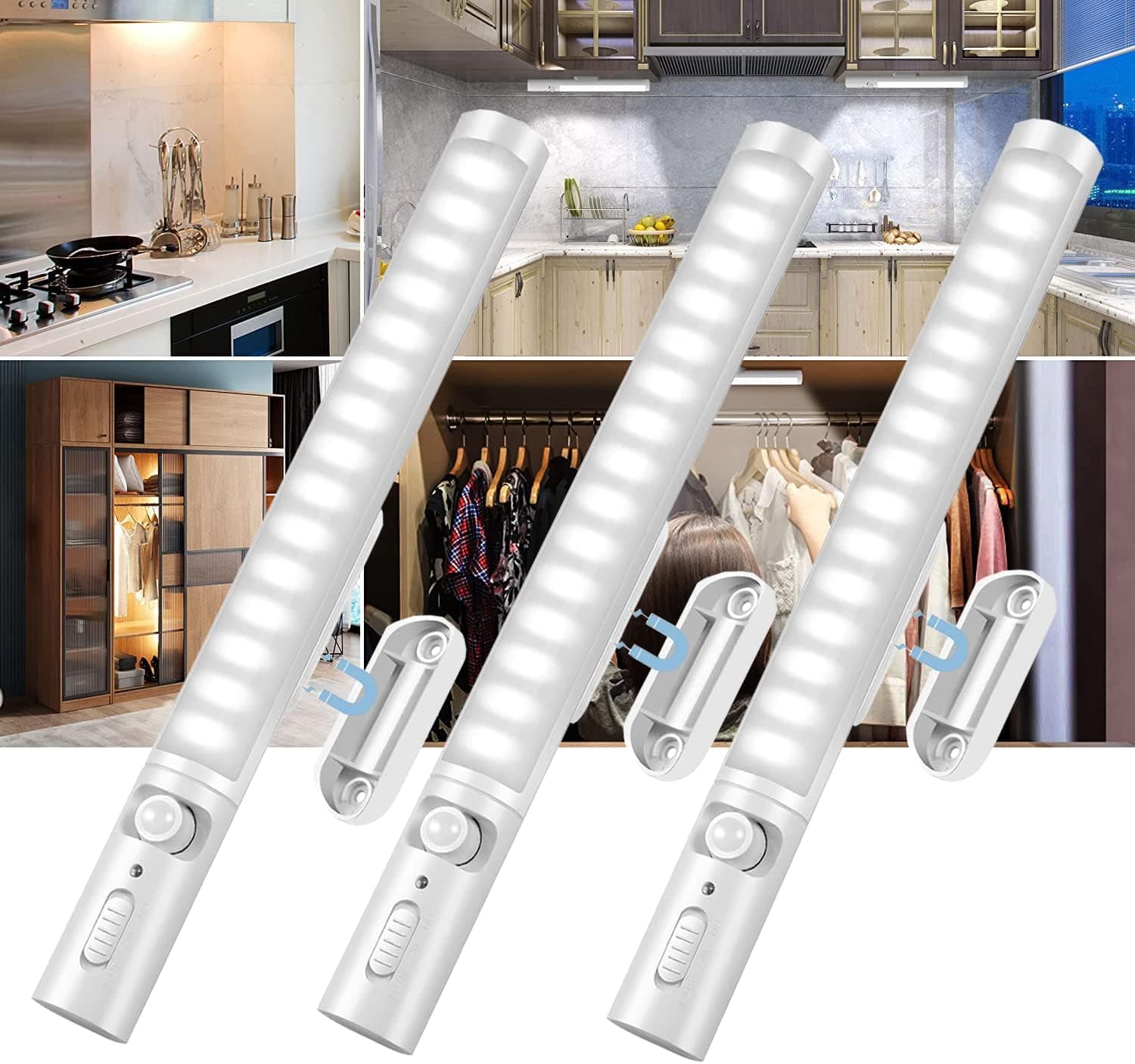 Closet Lights, Under Cabinet Motion Sensor Lights Wireless, Battery Powered Lights for Kitchen Wardrobe Closets and Other Homelife LED Lights - 3 Pack