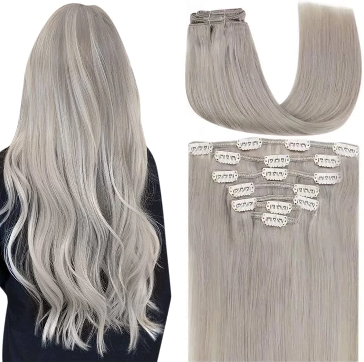 [RE] Silver Clip in Hair Extensions Remy Human Hair 7Pcs 120g Double Weft Clip in Extensions Natural Grey Hair Extensions Clip on Human Hair 14 Inch
