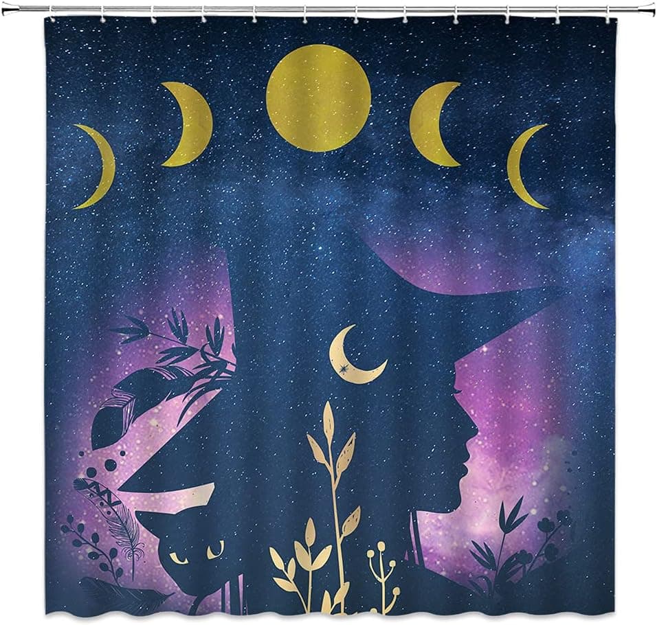 MUENKKCS Halloween Witch Shower Curtain Fantasy Moon Phase Starry Sky Moon Sun Mysterious Flower Silhouette Magic Black Cat Gothic Bathroom Decoration Curtain Set with Hooks