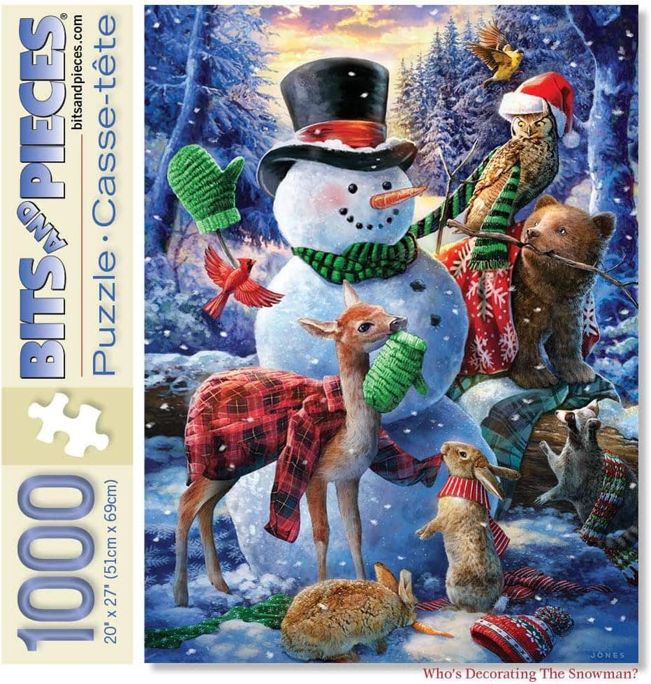 Bits and Pieces - 1000 Piece Jigsaw Puzzle for Adults 24" x 30" - Who's Decorating The Snowman - 1000 pc Winter Outdoor Scene Jigsaw by Artist Larry Jones
